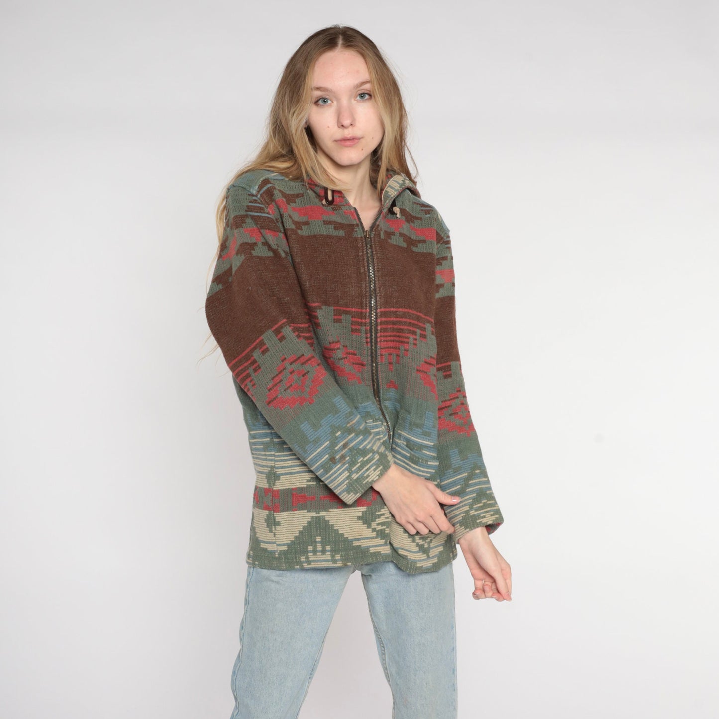 90s Woolrich Southwestern Wool Blend Hooded Jacket Brown Blue Medium