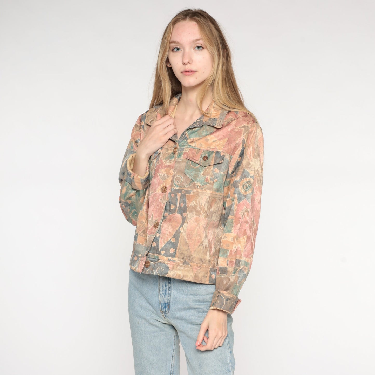 90s Abstract Fish & Tree Jacket Cropped Button Up Geometric Print Large L