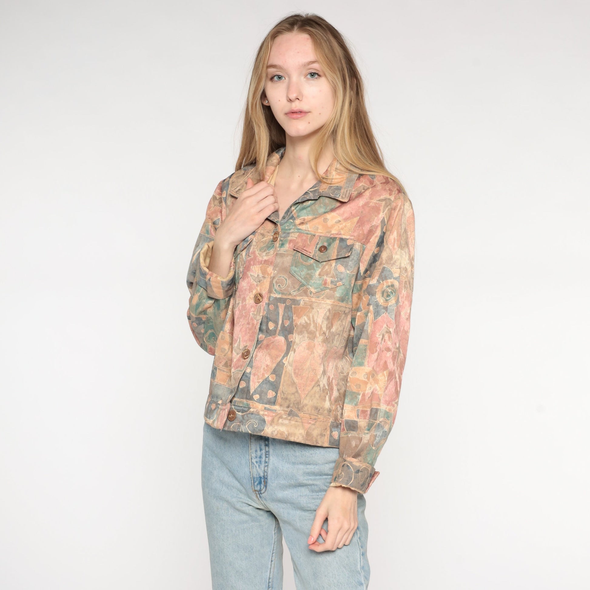 90s Abstract Fish & Tree Jacket Cropped Button Up Geometric Print Large L