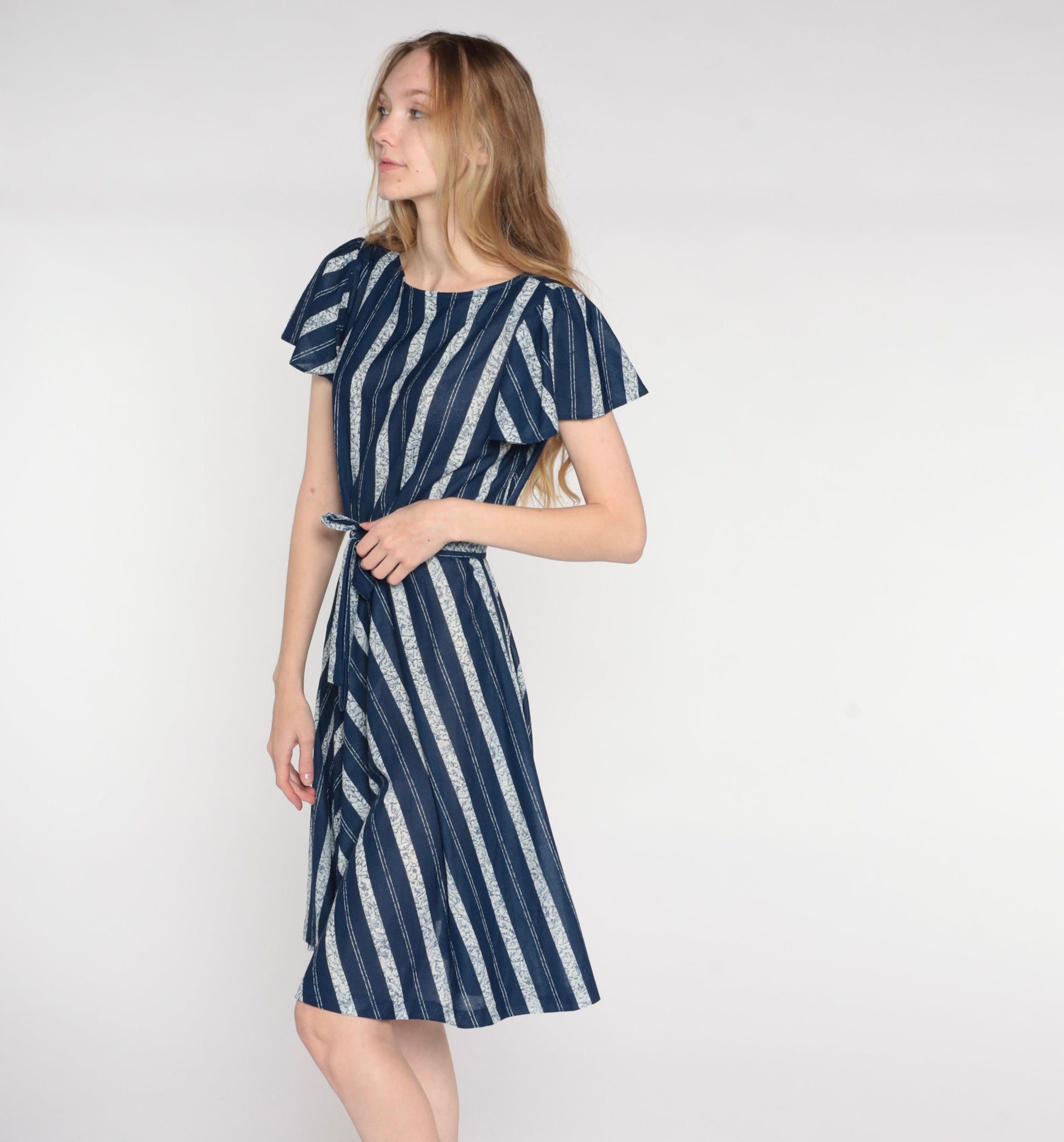 70s Navy Striped Dress High Waist Flutter Sleeve Belted Knee Length Medium