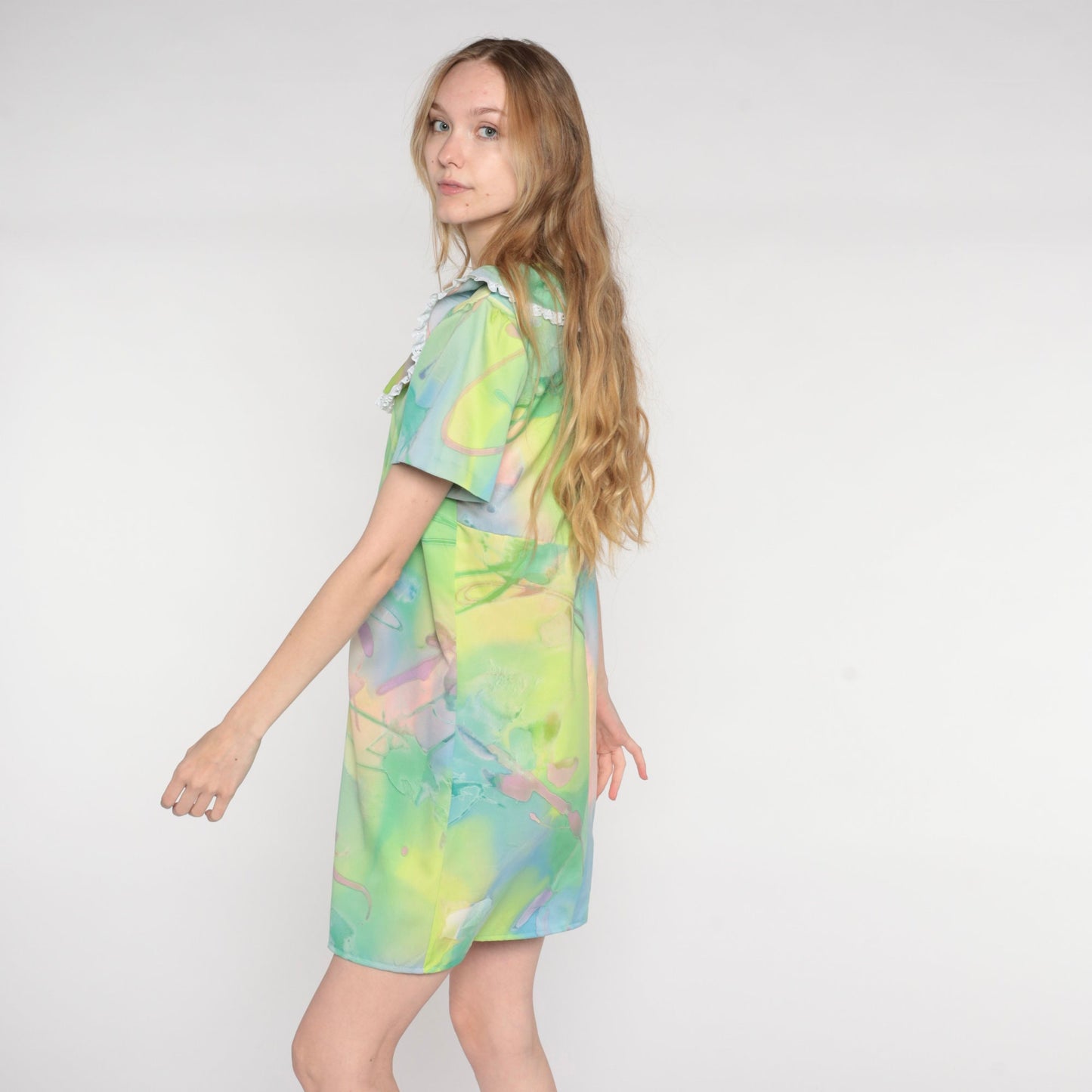 70s Psychedelic Watercolor Mini Dress Shift Ruffled Neckline Small