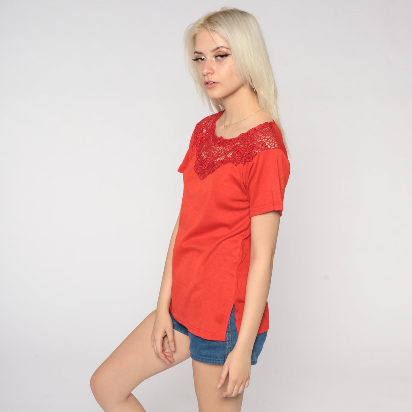 90s Red Crochet Trim Short Sleeve Blouse Cotton Medium M