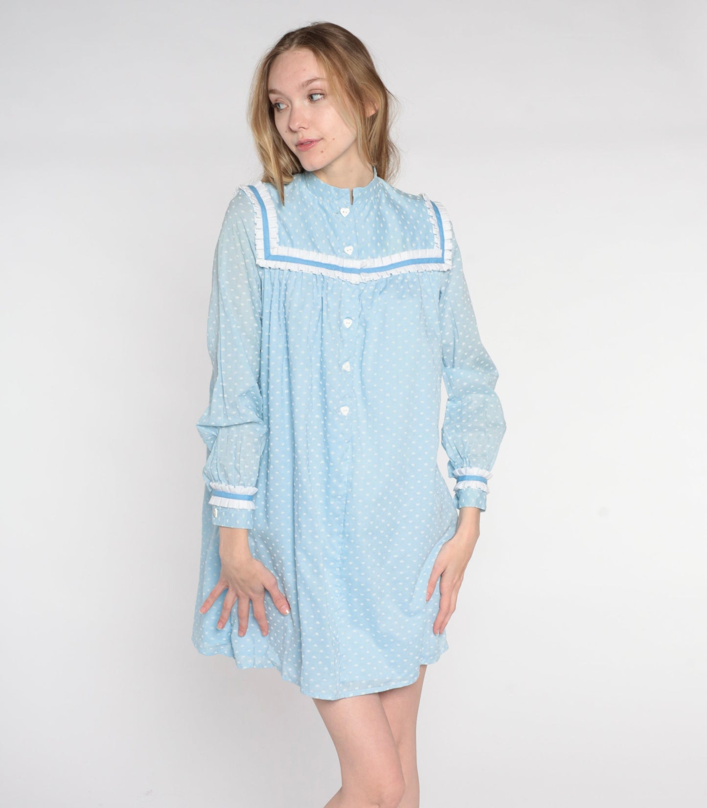 70s Baby Blue Polka Dot Mini Dress Heart Buttons Ruffled Bib Long Sleeve Small Medium