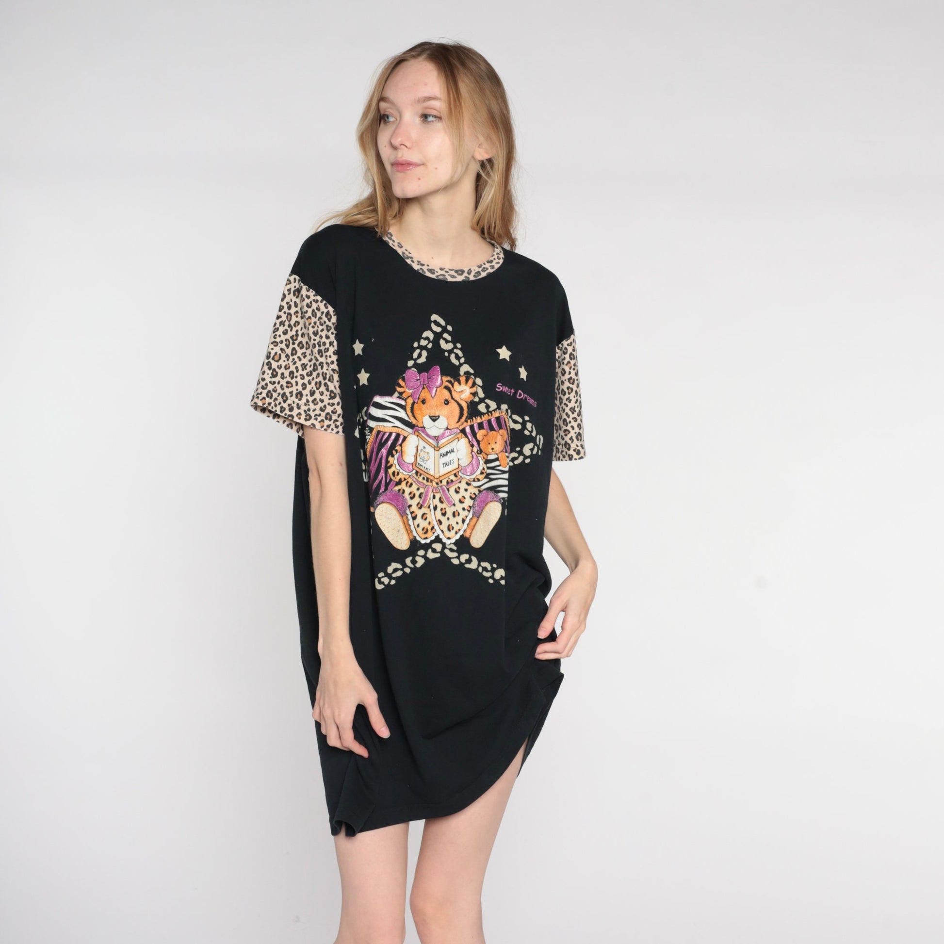 90s Baby Tiger Sweet Dreams T-Shirt Dress Black Leopard Print Mini Nightgown