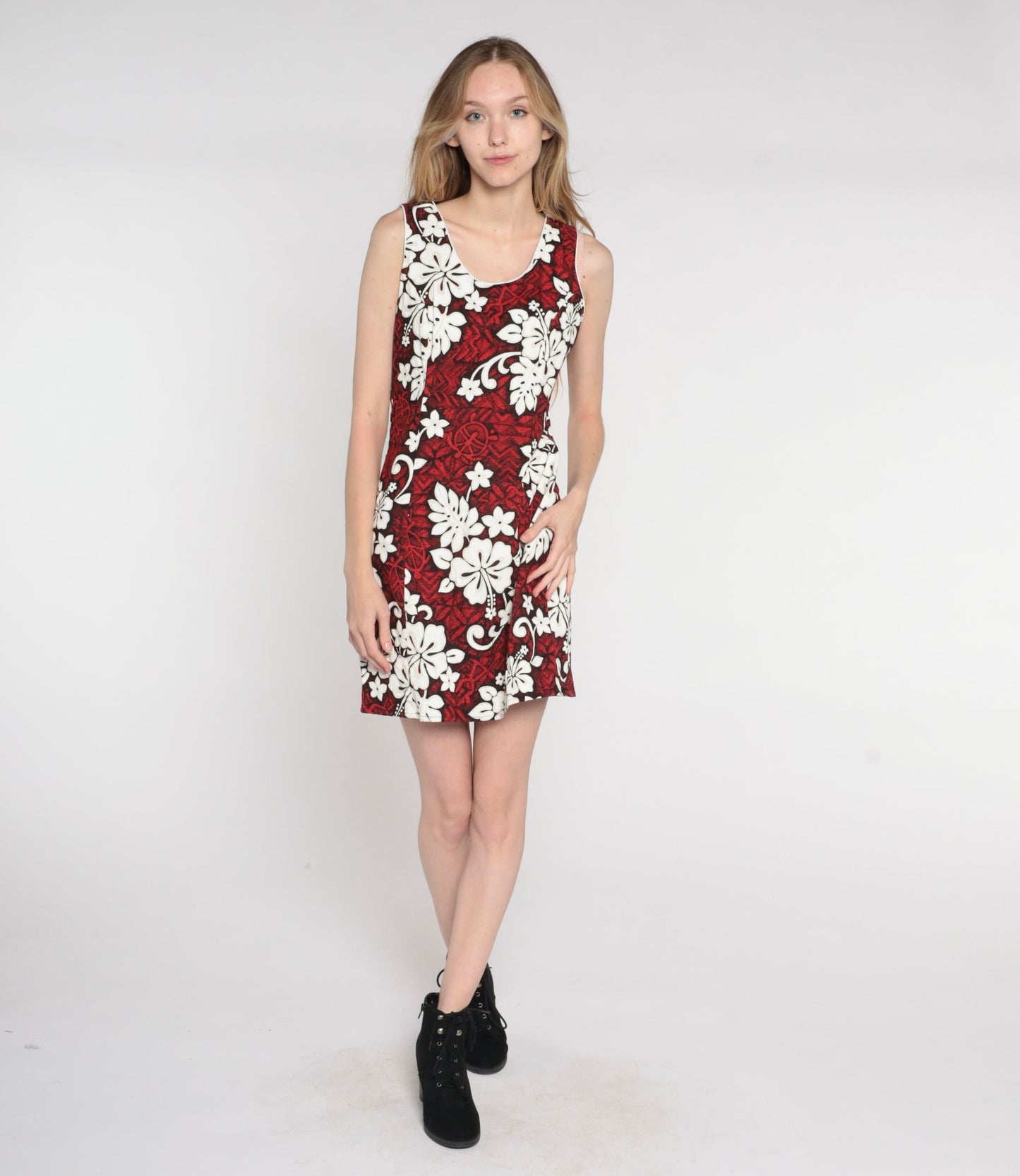 90s Hawaiian Floral Turtle Print Mini Dress Red Cotton Sleeveless Medium