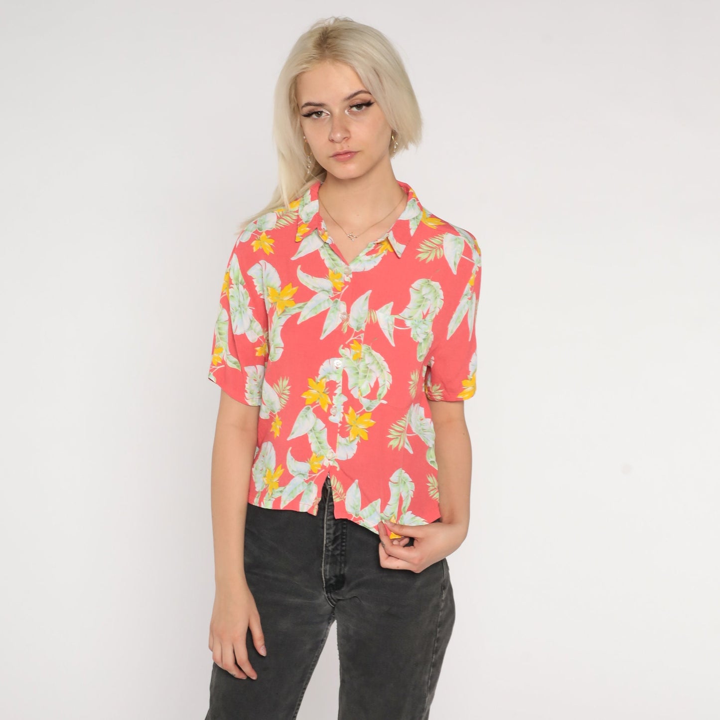 90s Hawaiian Shirt Faded Red Tropical Floral Button Up Small