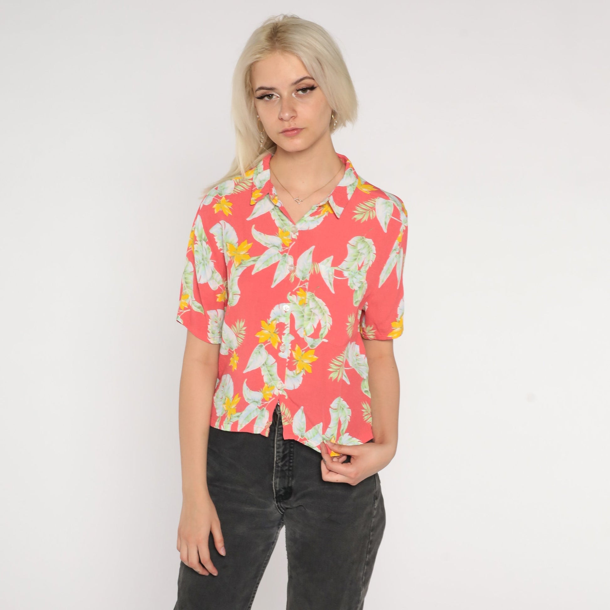 90s Hawaiian Shirt Faded Red Tropical Floral Button Up Small