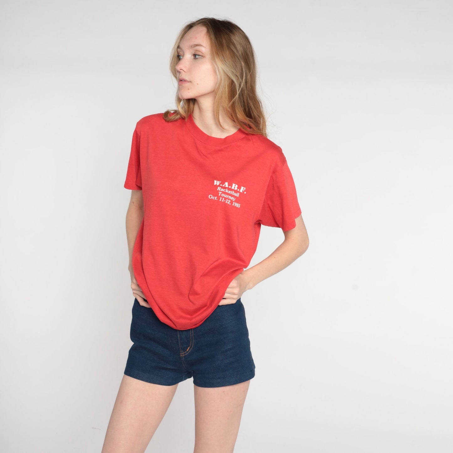 1985 WABF Racketball Tournament Graphic T-Shirt Red Single Stitch Medium