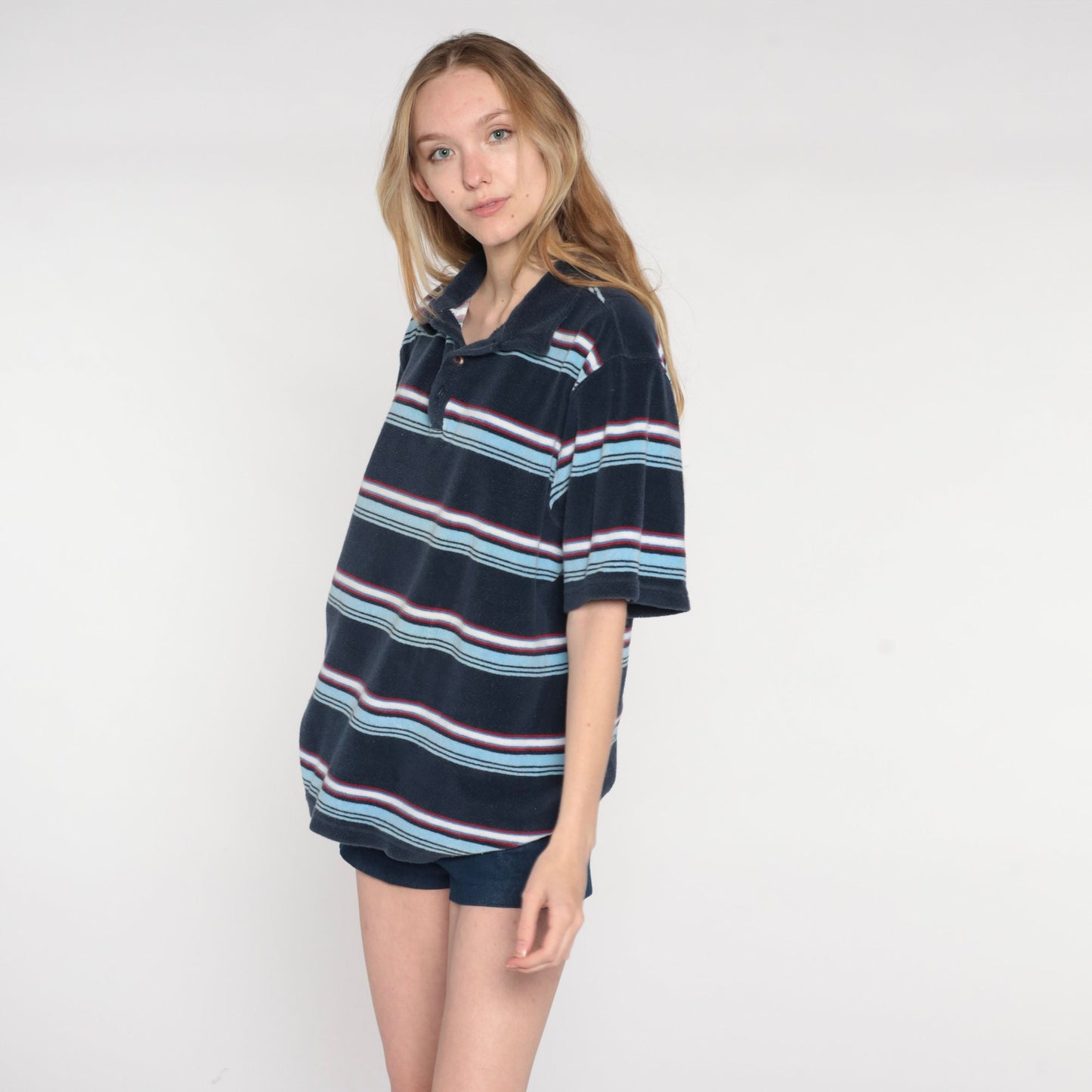 Y2K Navy Striped Terry Cloth Polo Shirt Half Button Collared Medium M