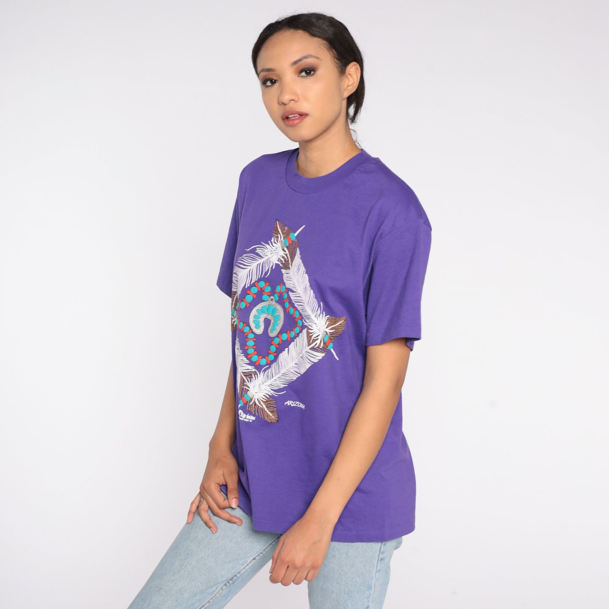 90s Arizona Native American Feather Turquoise Graphic T-Shirt Purple Medium