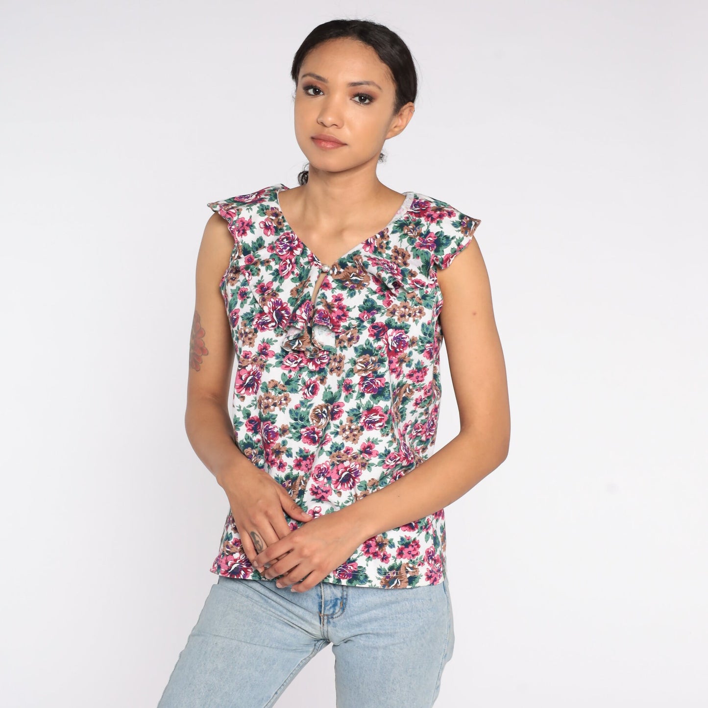 90s Floral Tank Top Ruffled Keyhole Sleeveless Blouse Medium M