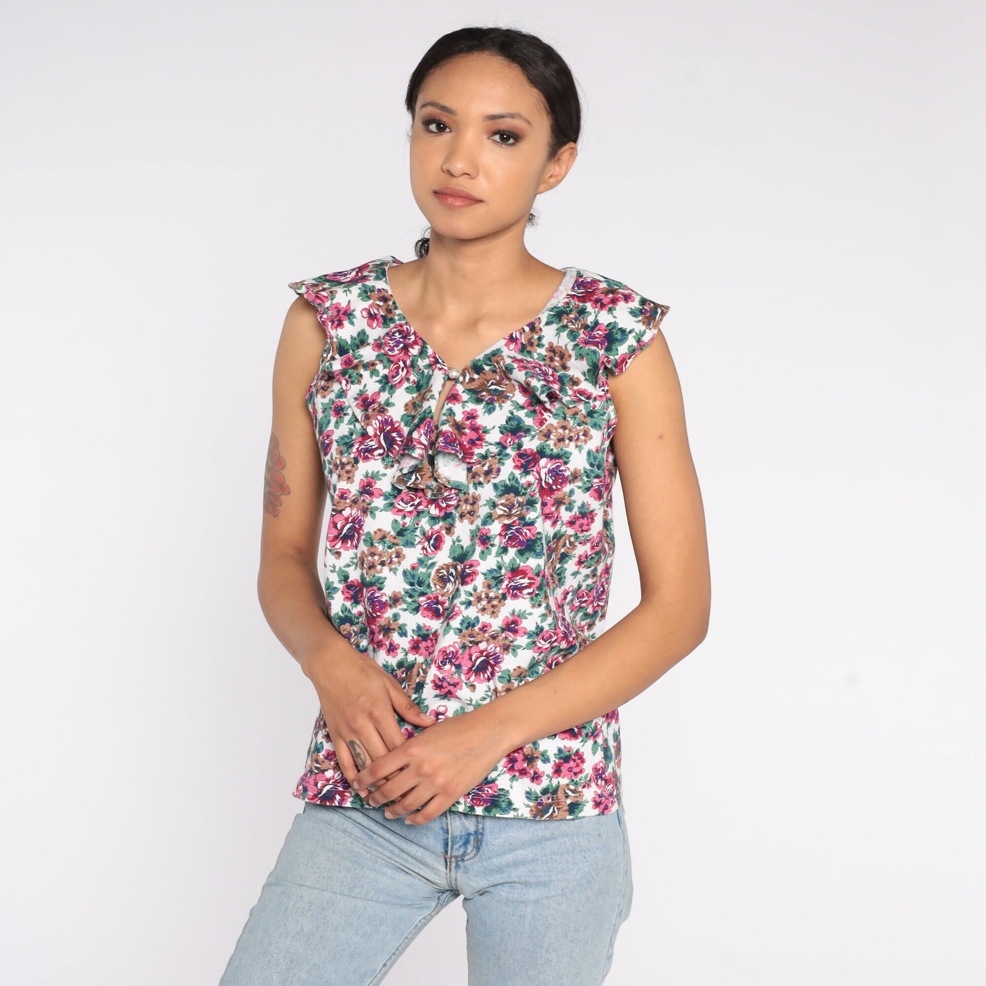 90s Floral Tank Top Ruffled Keyhole Sleeveless Blouse Medium M