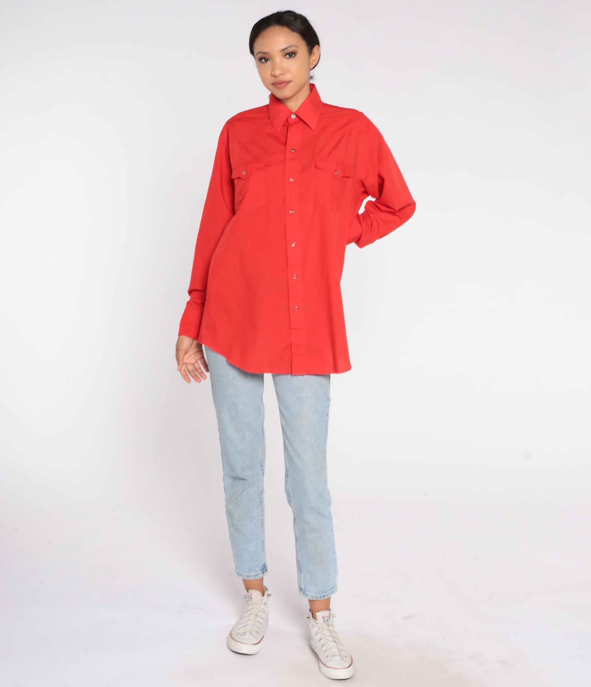 80s Panhandle Slim Western Shirt Red Pearl Snap Long Sleeve Men's Large