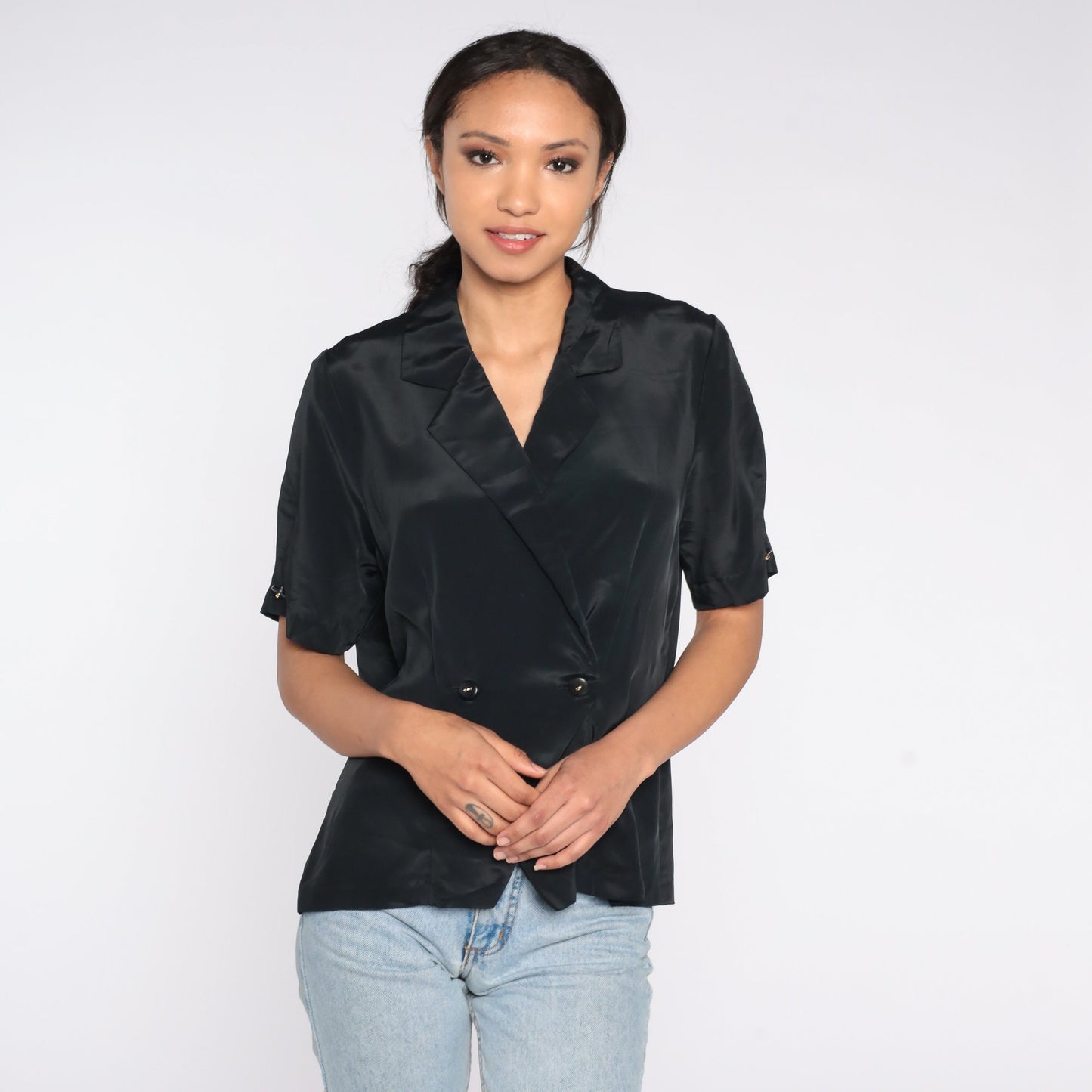 80s Black Wrap Blouse Double Breasted V Neck Short Sleeve Medium
