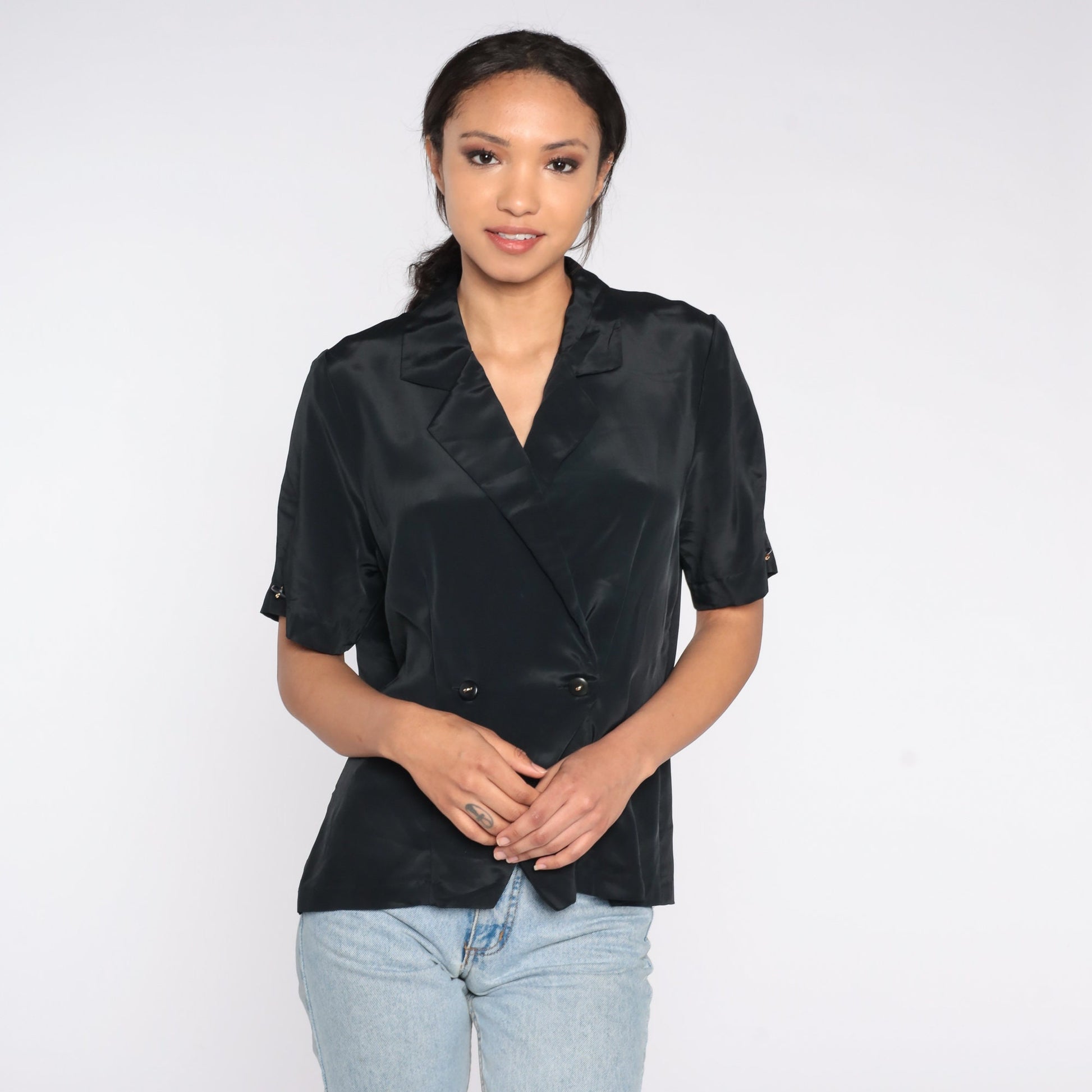 80s Black Wrap Blouse Double Breasted V Neck Short Sleeve Medium