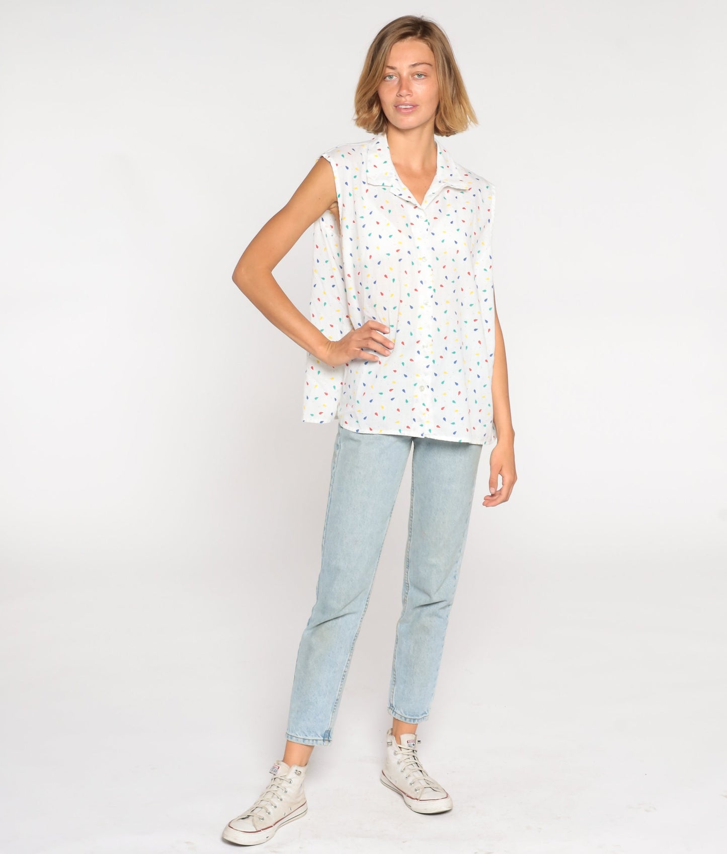 80s Confetti Print White Button-Up Sleeveless Blouse Collared Tank Large