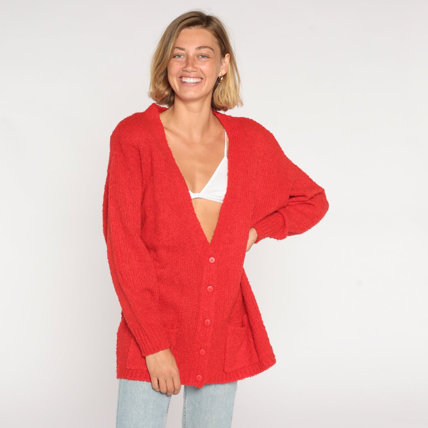 80s Red Cardigan Button-Up Knit Sweater Large L