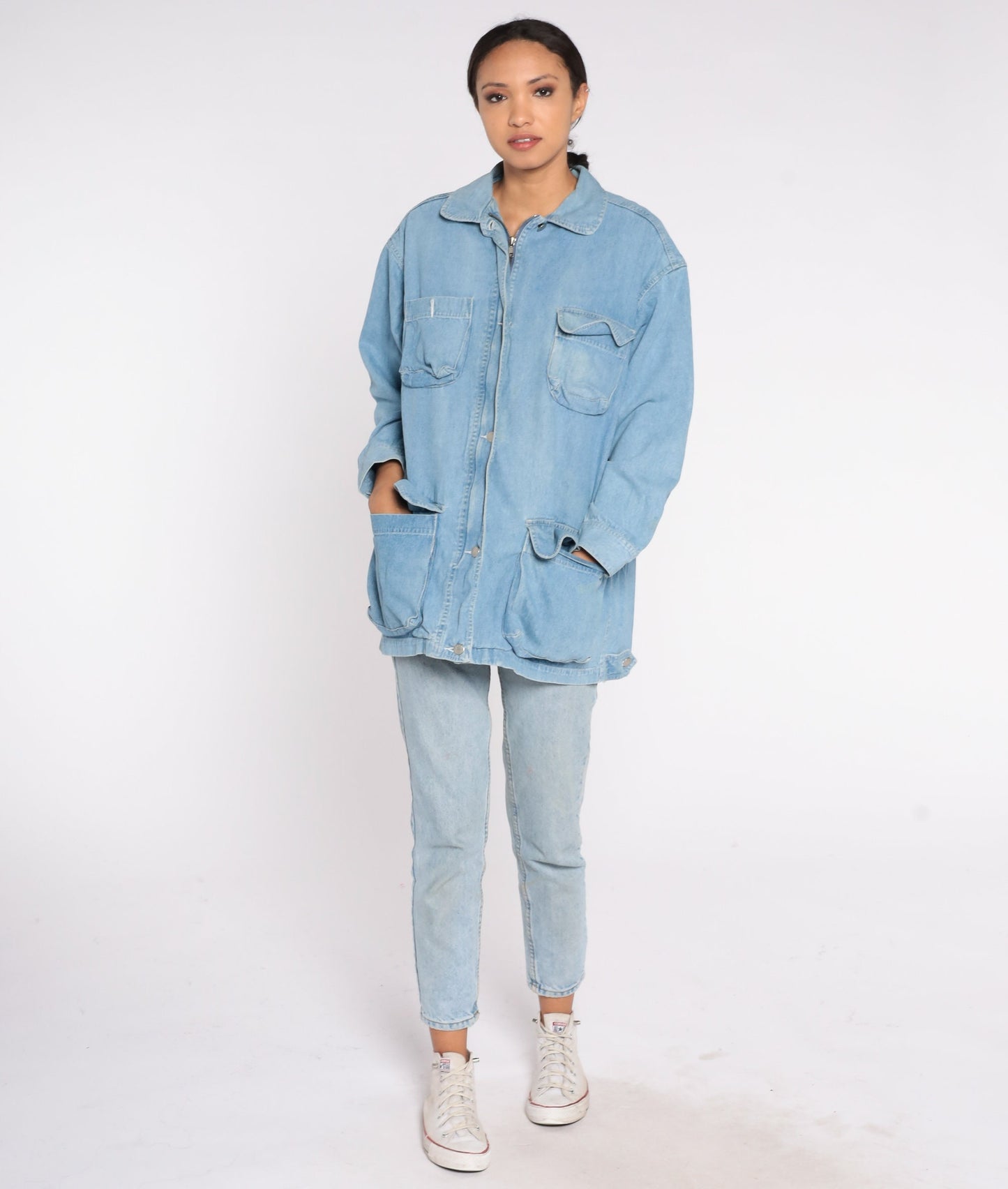 90s Light Wash Denim Cargo Jacket Blue Jean Collared Zip Small