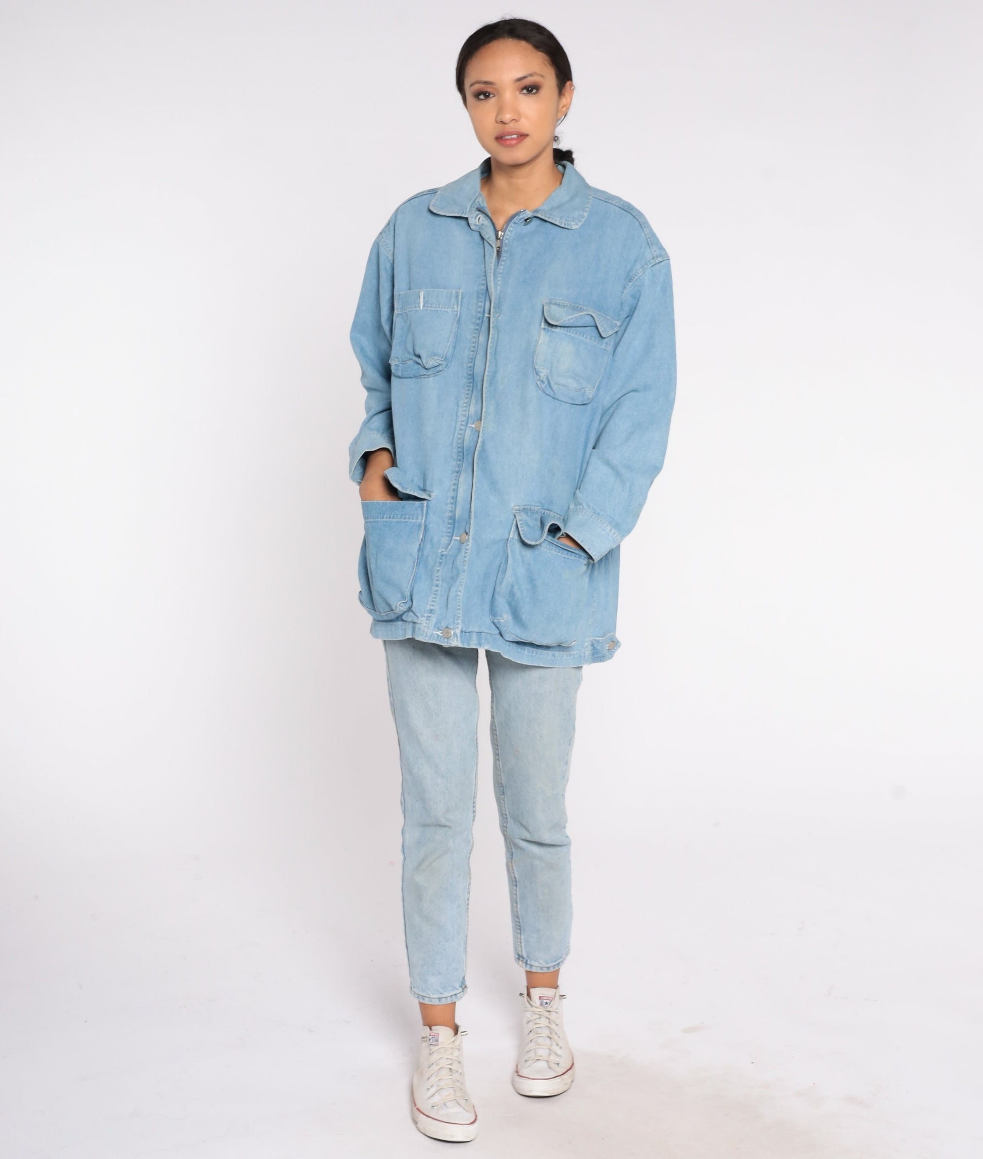 90s Light Wash Denim Cargo Jacket Blue Jean Collared Zip Small