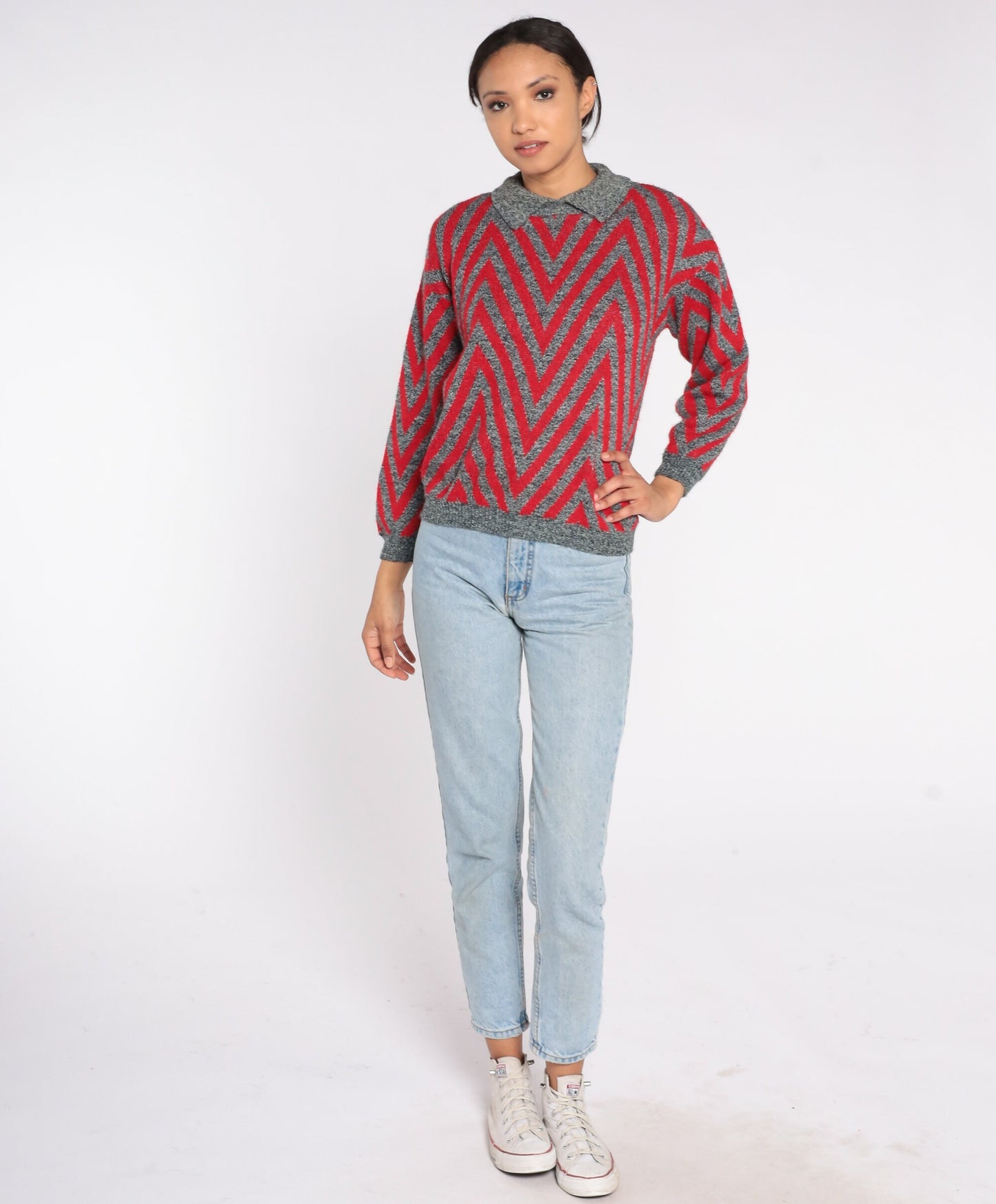 80s Chevron Striped Collared Sweater Red Grey Knit Pullover Small