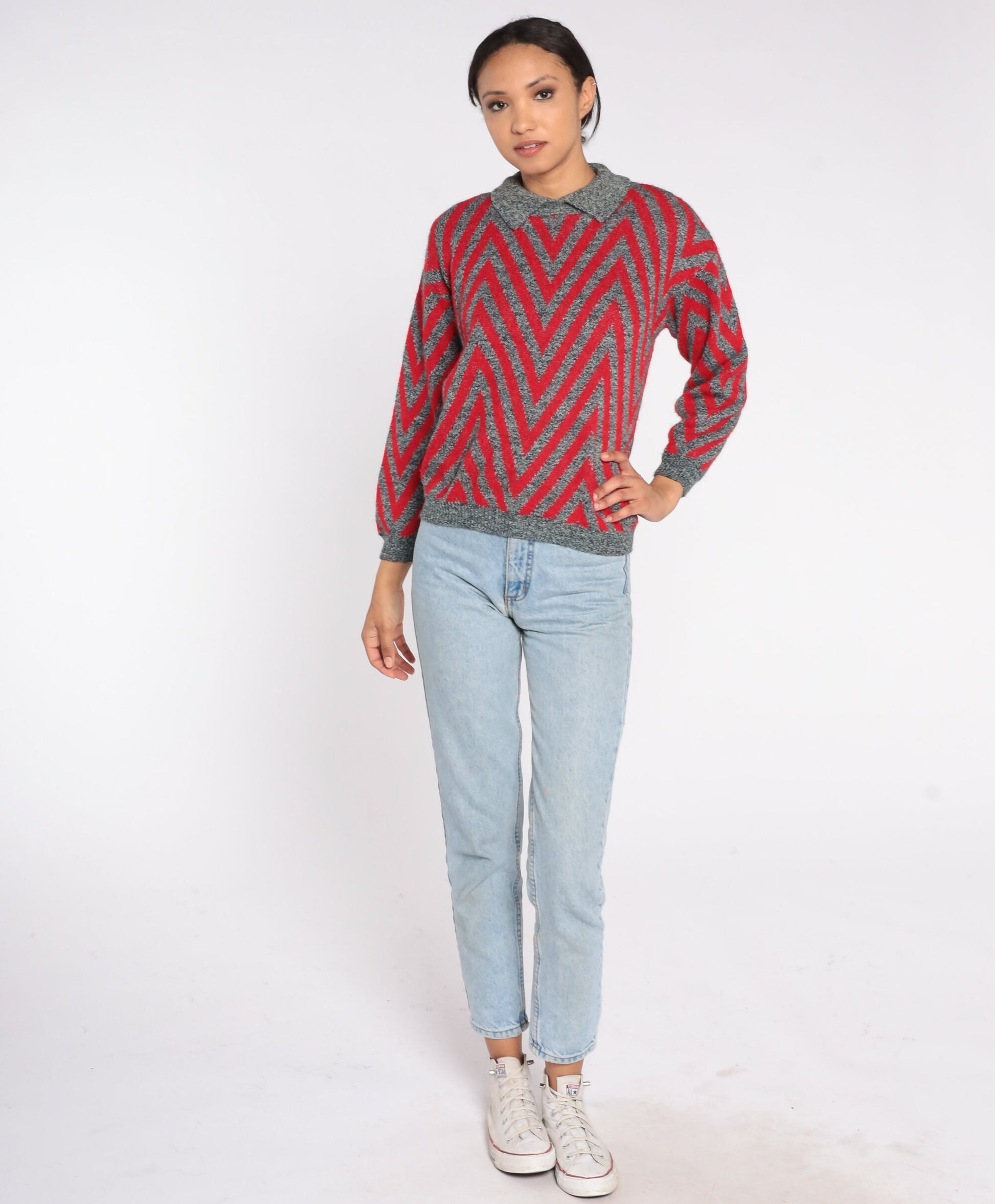 80s Chevron Striped Collared Sweater Red Grey Knit Pullover Small