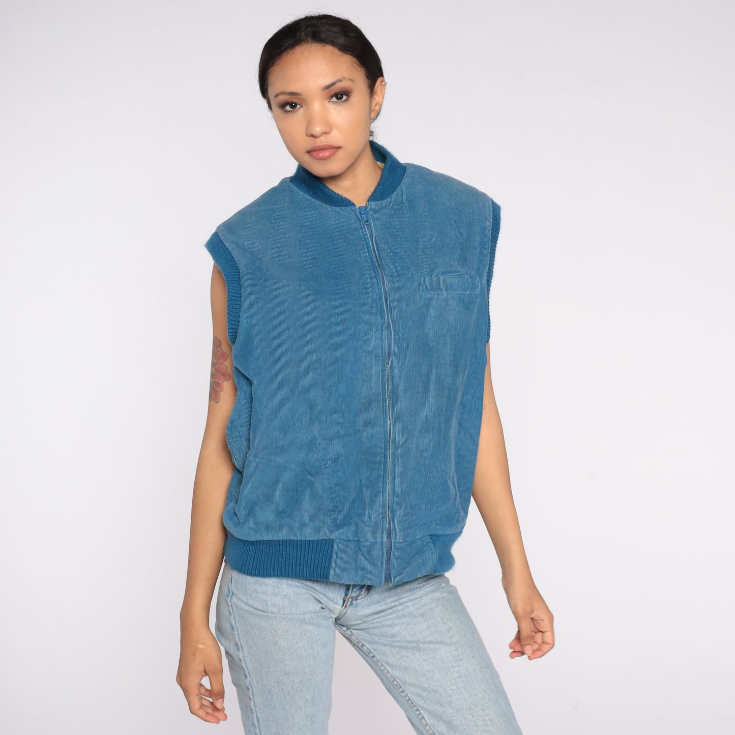 80s Blue Corduroy Puffer Vest Insulated Zip Sleeveless Large