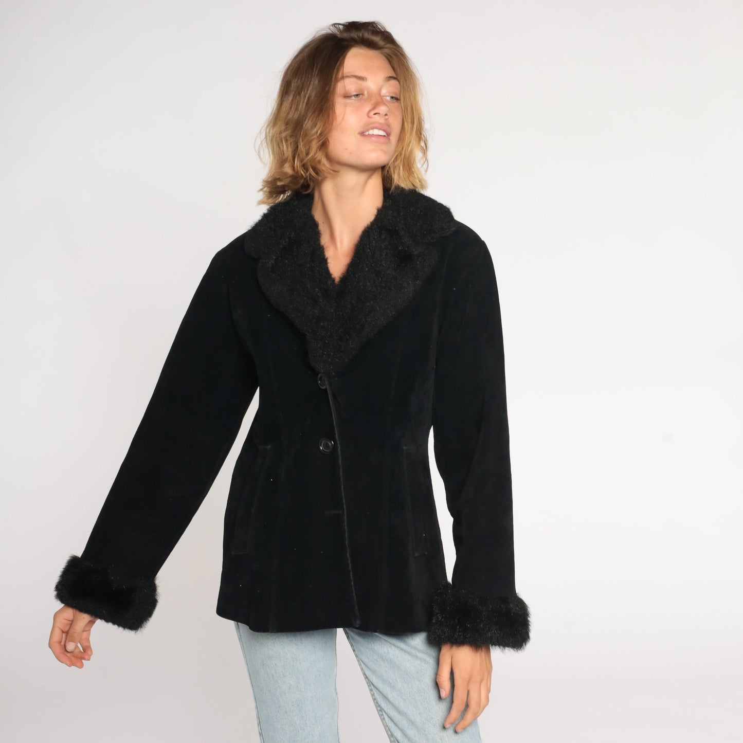 90s Black Faux Suede Jacket Faux Fur Trim Button Up Small