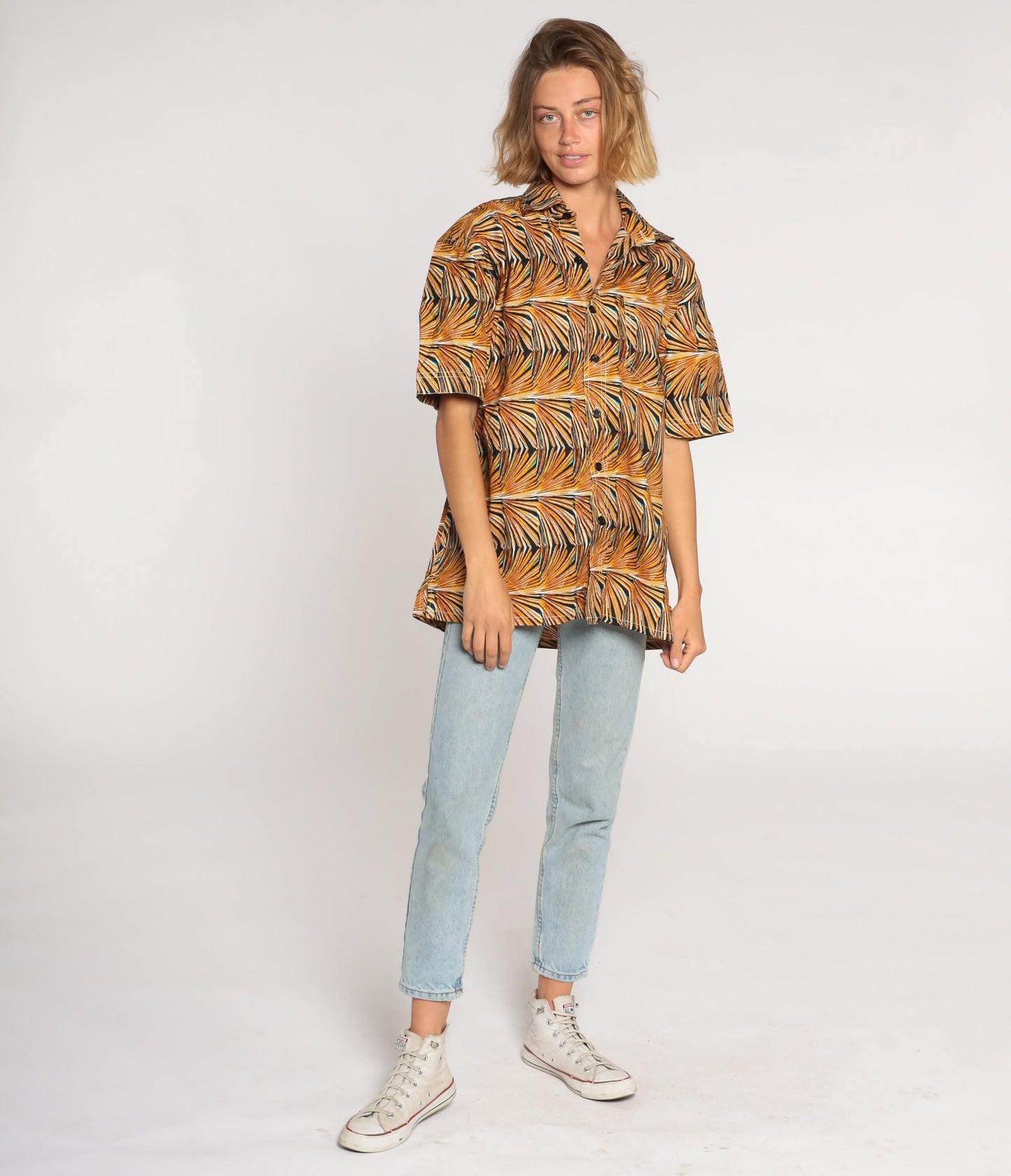 80s Abstract Op Art Button-Up Shirt Yellow Psychedelic Print Cotton Large