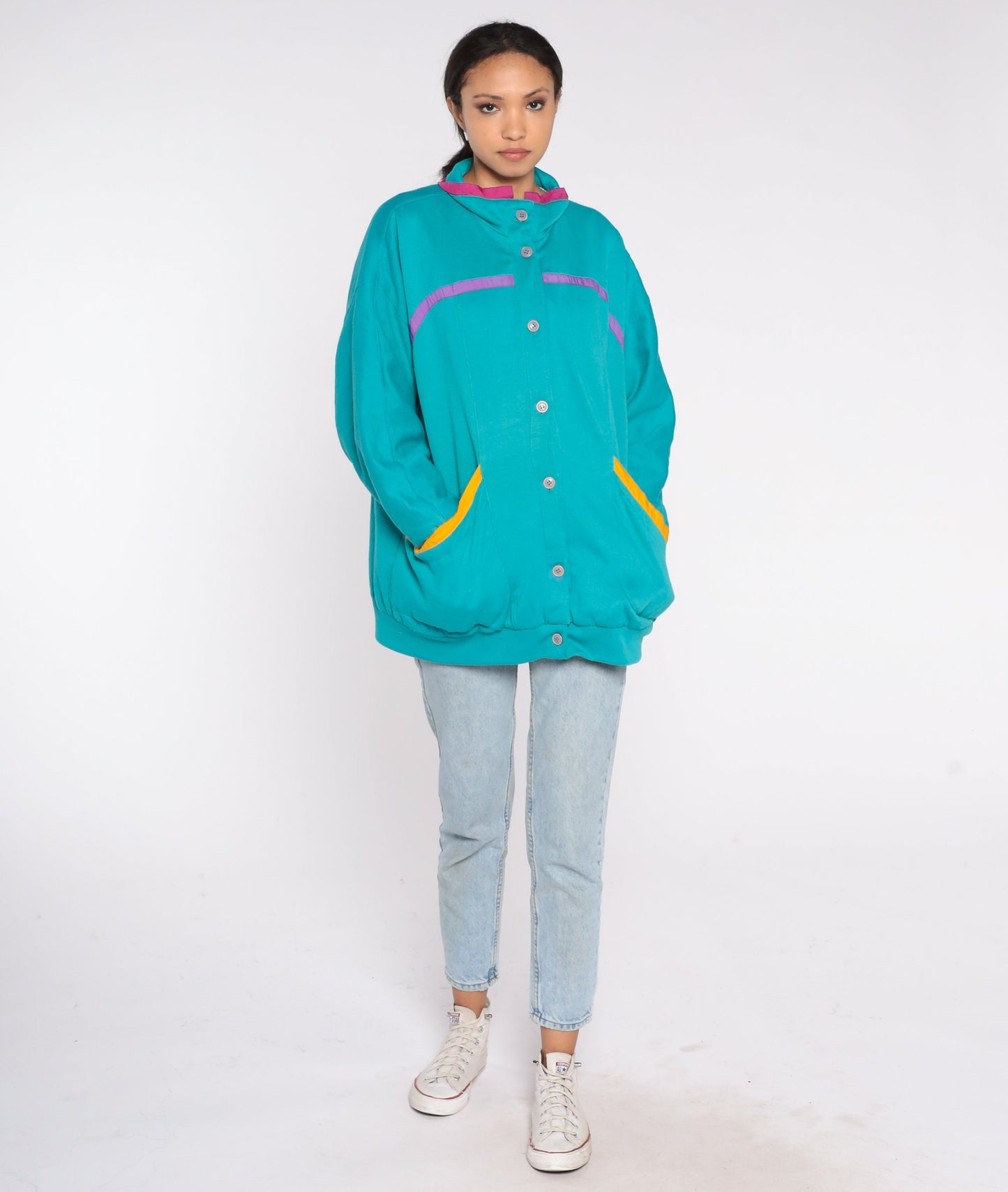 80s Teal Button-Up Sweatshirt Jacket Purple Yellow Pink Trim One Size