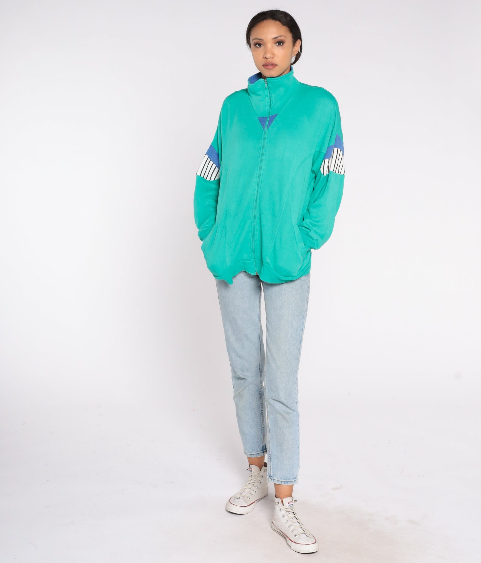 80s Green Striped Track Jacket Zip-Up Sweatshirt Large