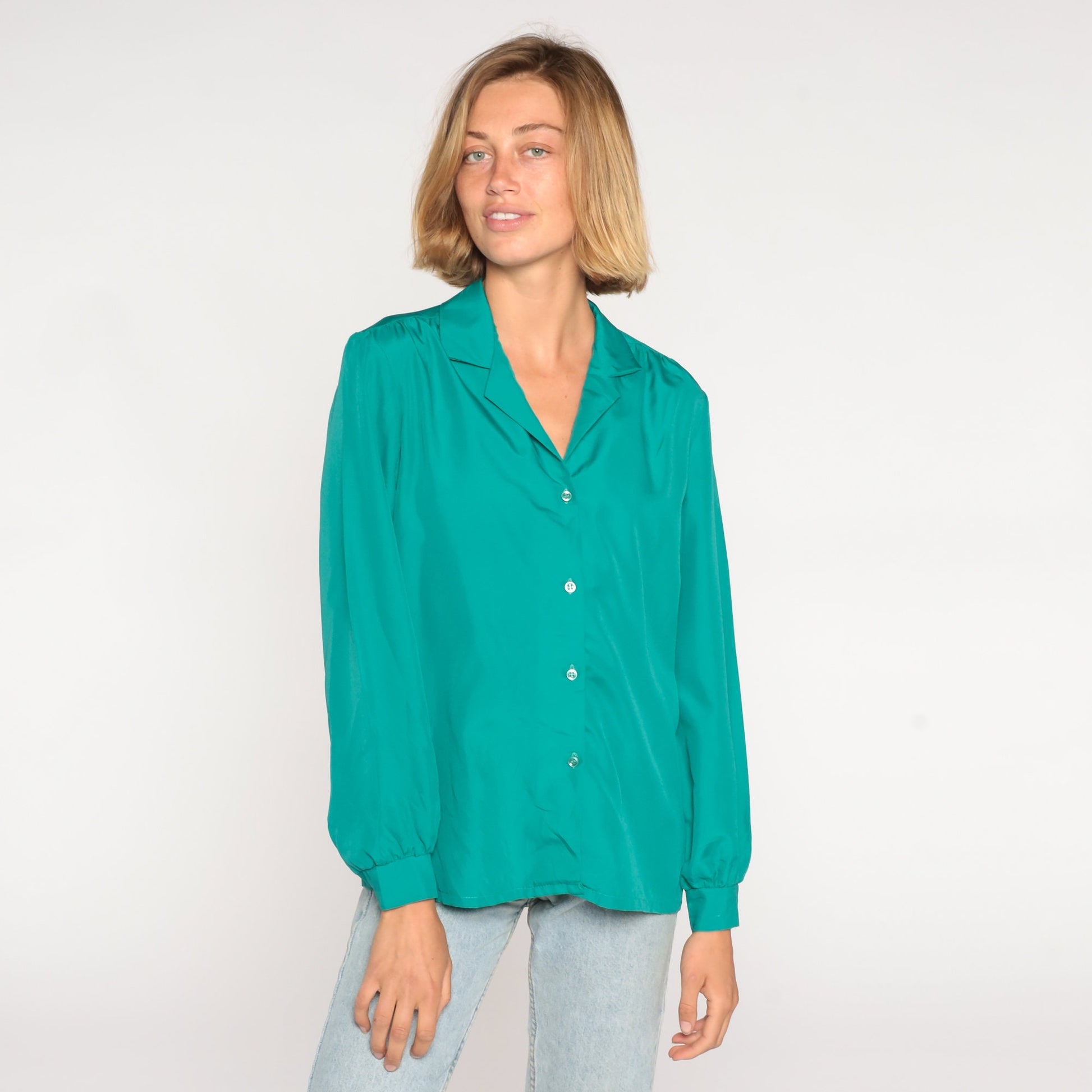 80s Green Button-Up Blouse Long Sleeve Collared Shirt Medium