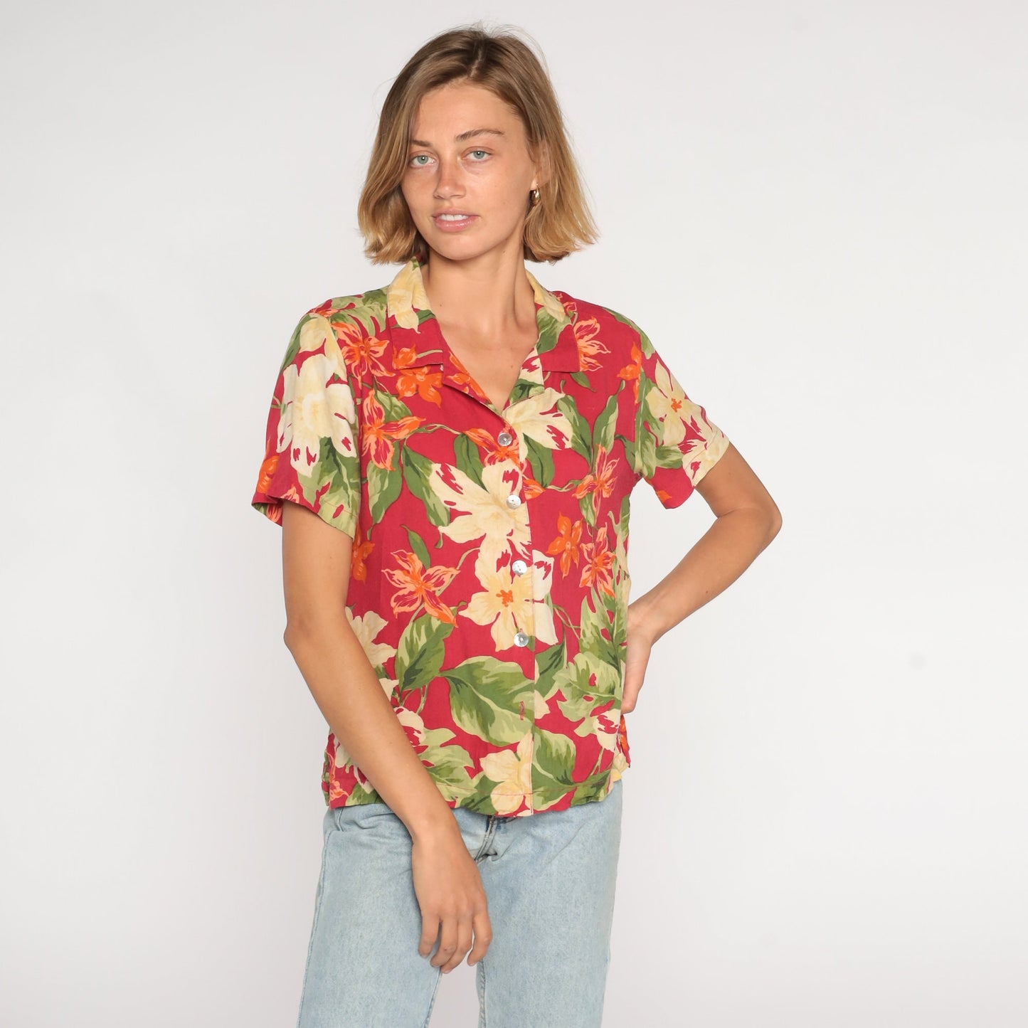 00s Tropical Floral Button Up Blouse Red Orchid Leaf Print Silk Rayon Large