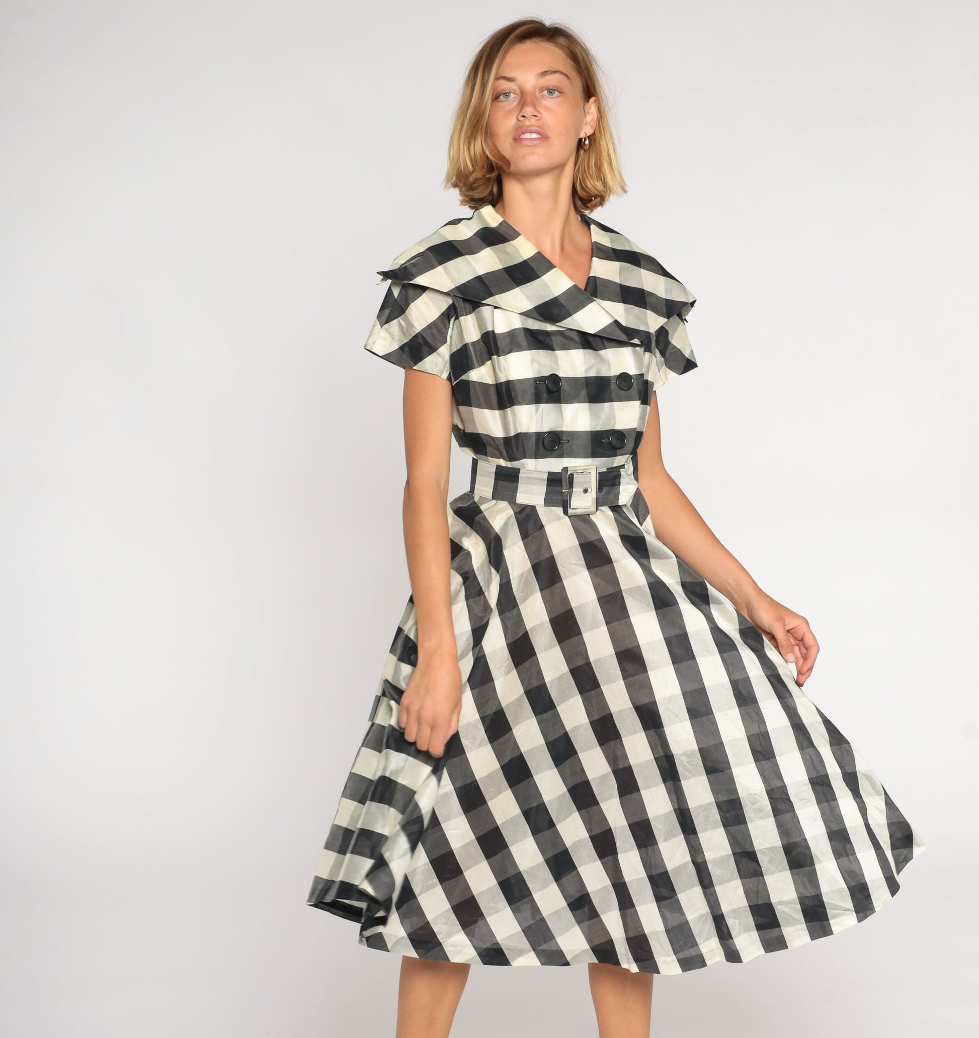 1950s Black White Gingham Midi Dress Double Breasted Sailor Collar High Waisted Medium