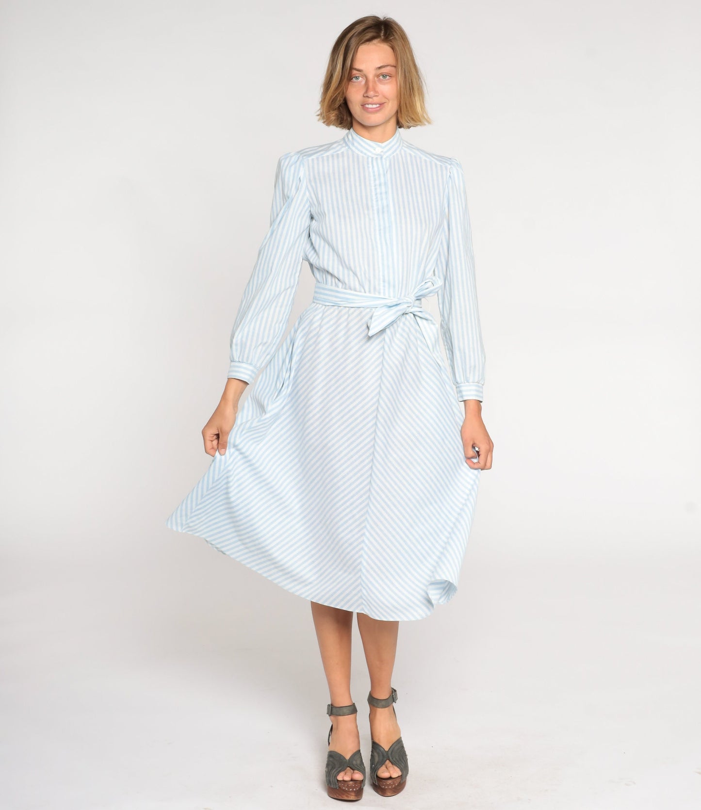 80s Blue White Striped Midi Shirtdress High Waist Puff Sleeve Medium