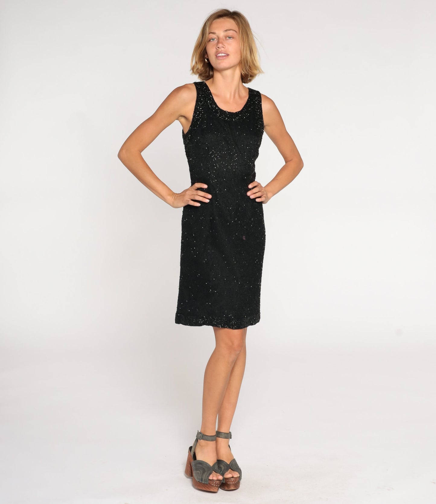 90s Black Silk Beaded Mini Dress Sleeveless Sheath Cocktail Medium M