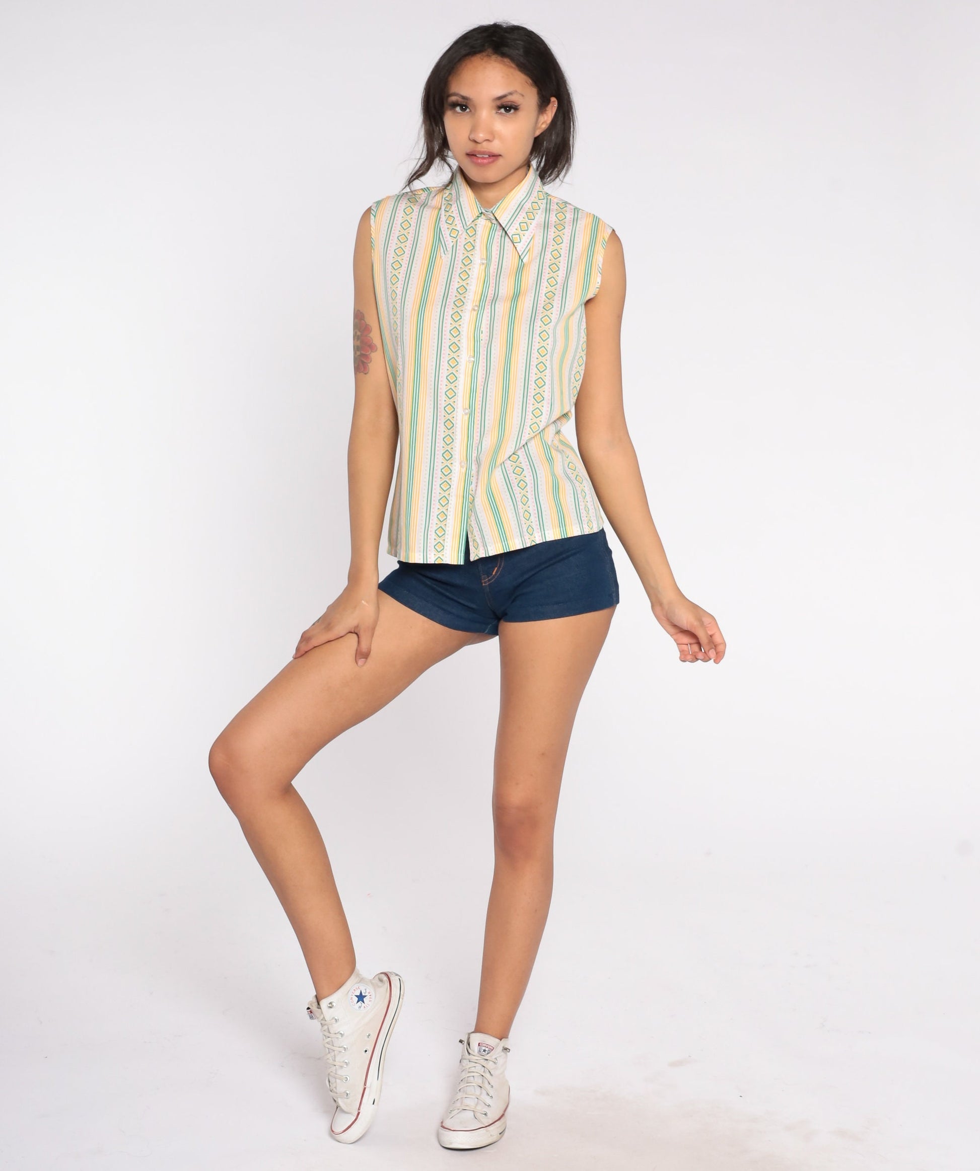 70s Aztec Stripe Sleeveless Blouse Green Yellow Button Front Small Medium