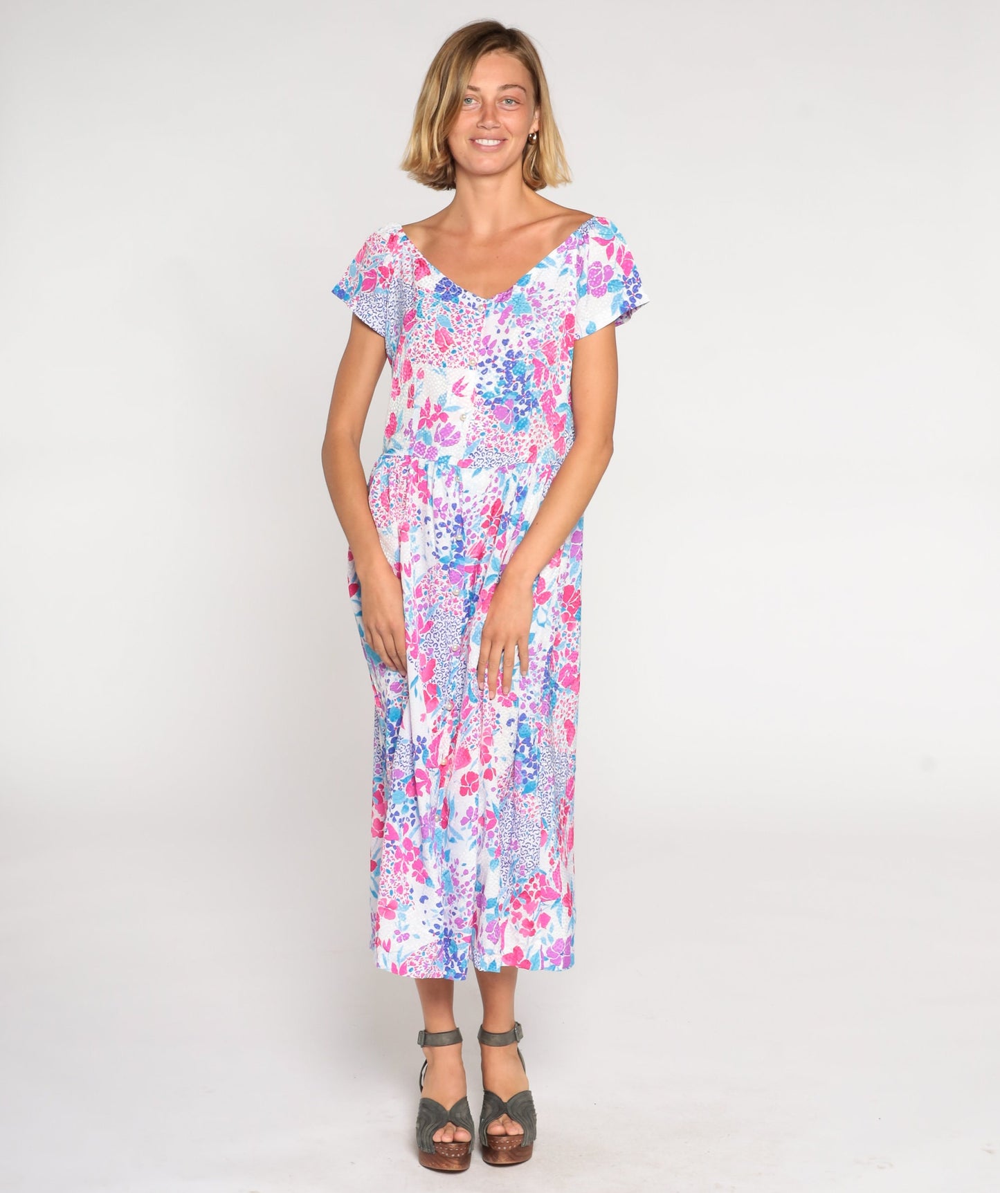 80s Floral Midi Dress Pink Blue Purple Button-Up V-Neck Medium