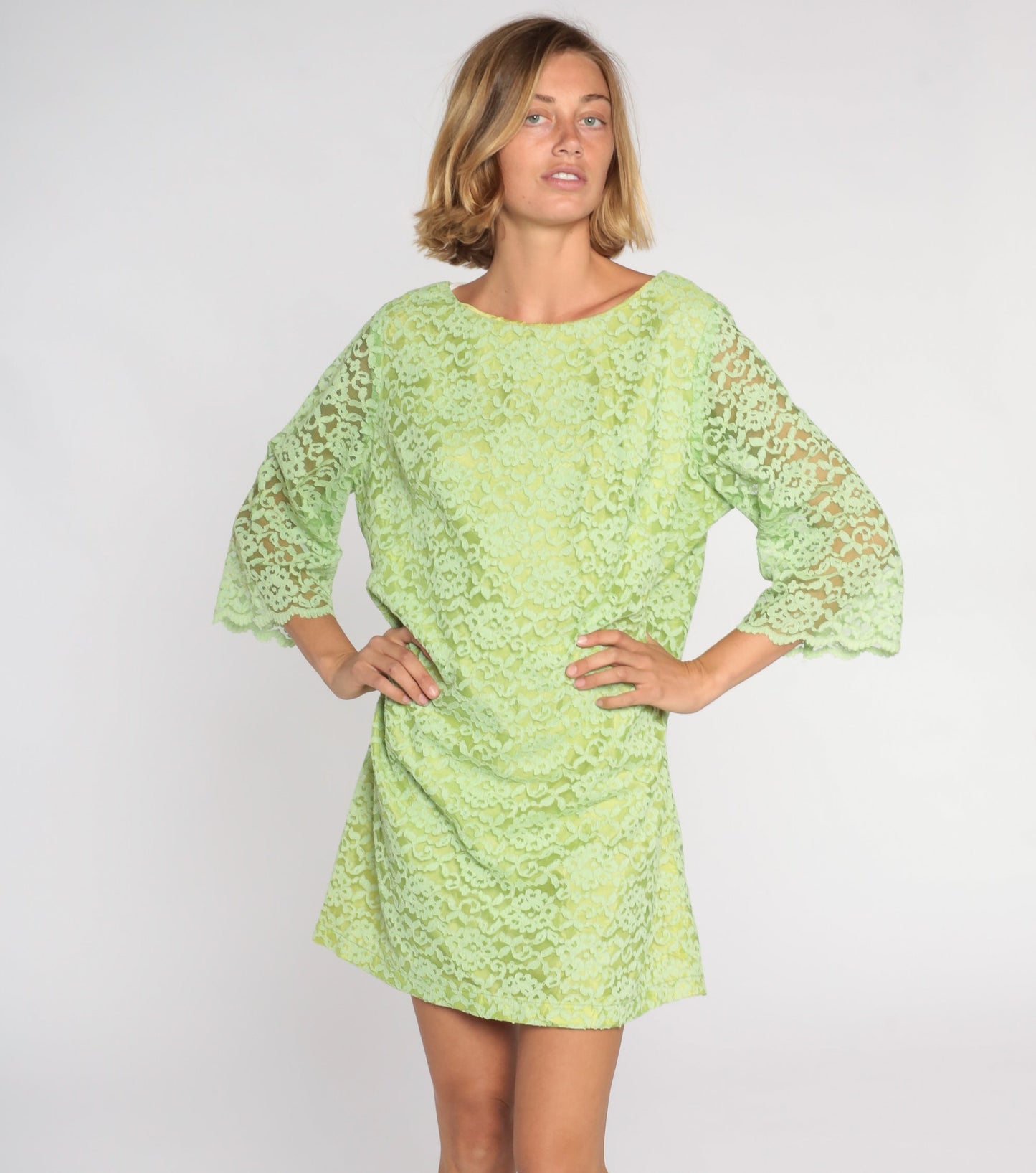 60s M'Lady Couture Lime Green Lace Mini Dress Shift Sheer Sleeve Large