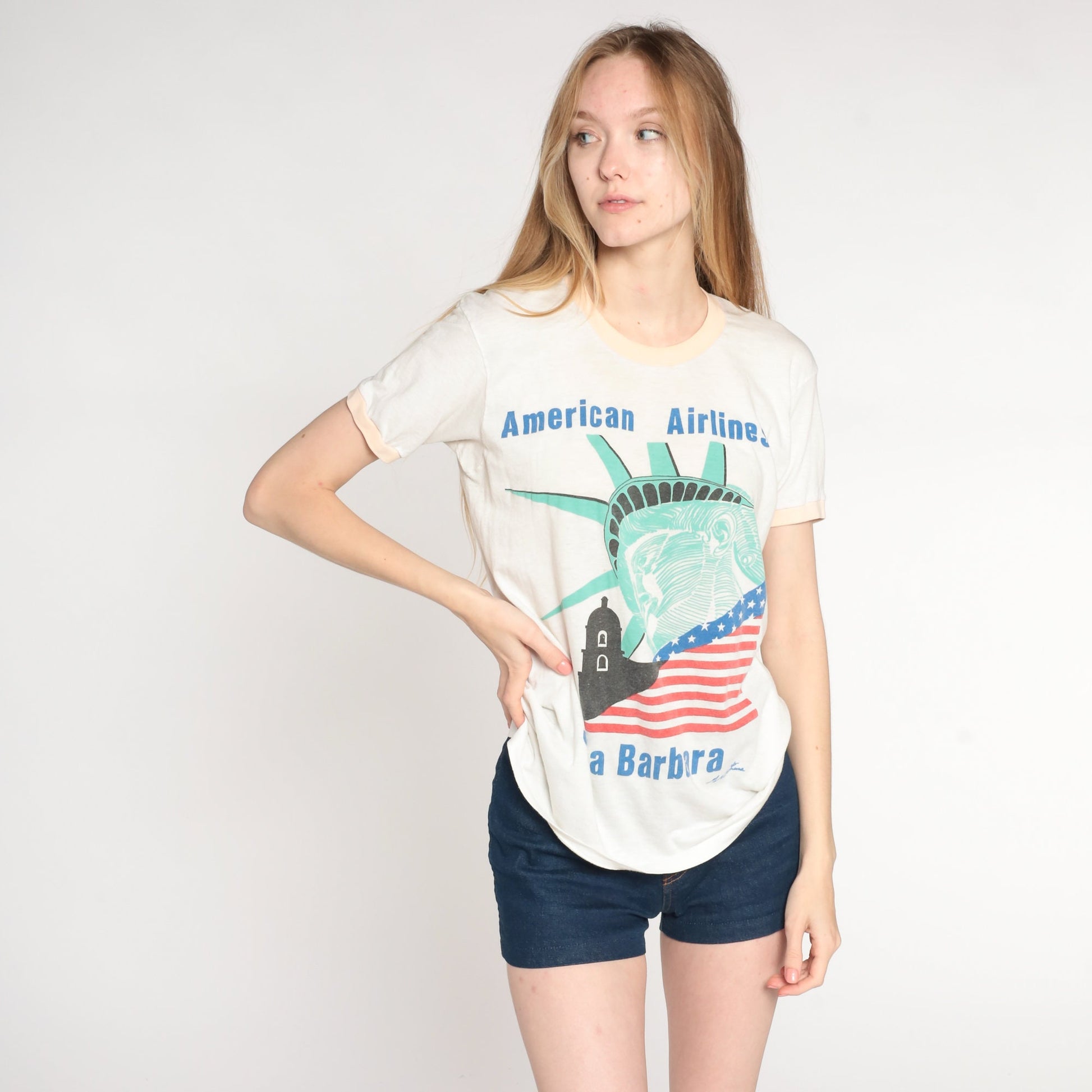 80s American Airlines Santa Barbara Statue of Liberty Graphic T-Shirt Cotton Medium