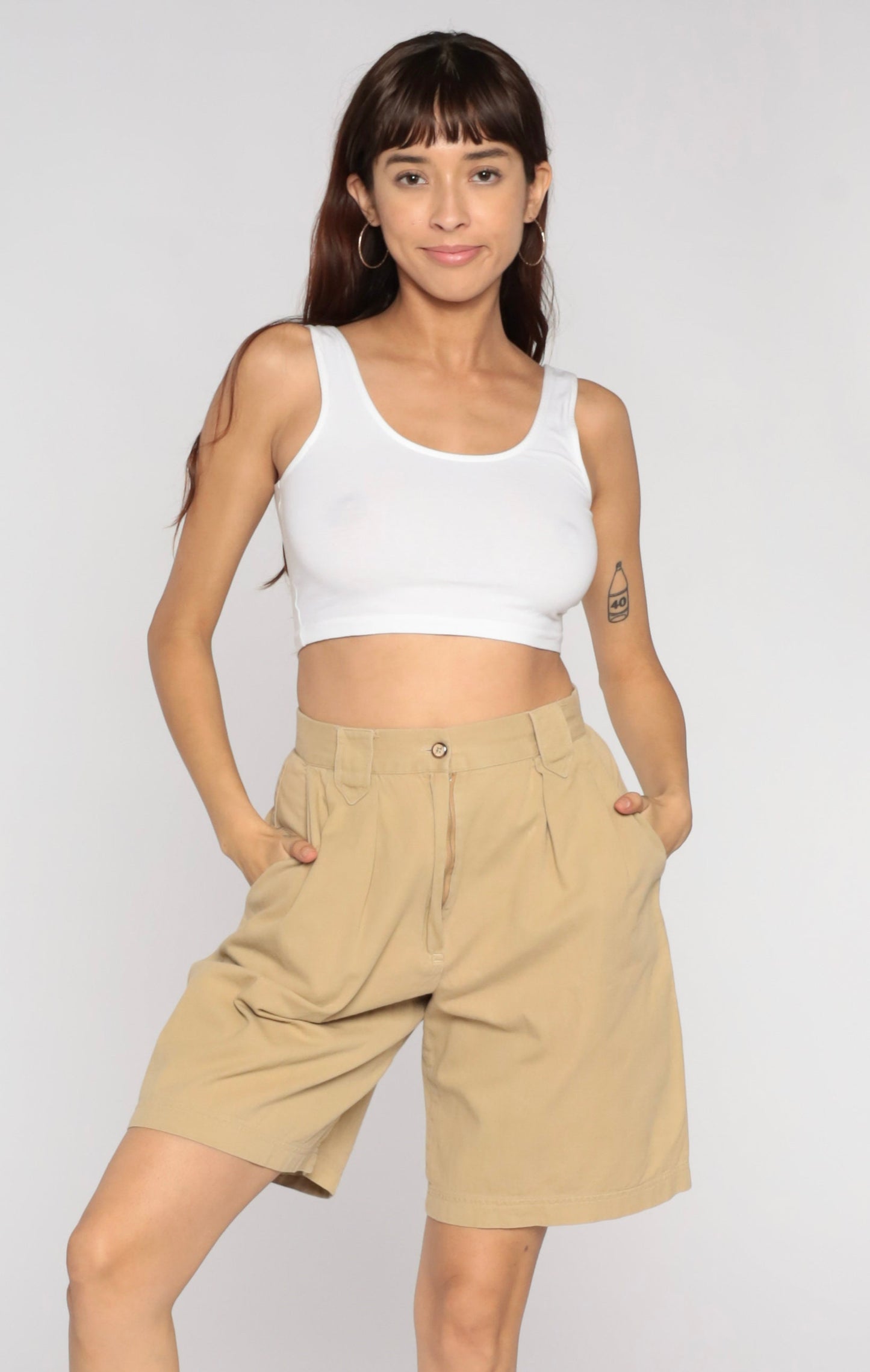 90s Khaki Pleated Bermuda Shorts High Waisted Wide Leg Cotton Small