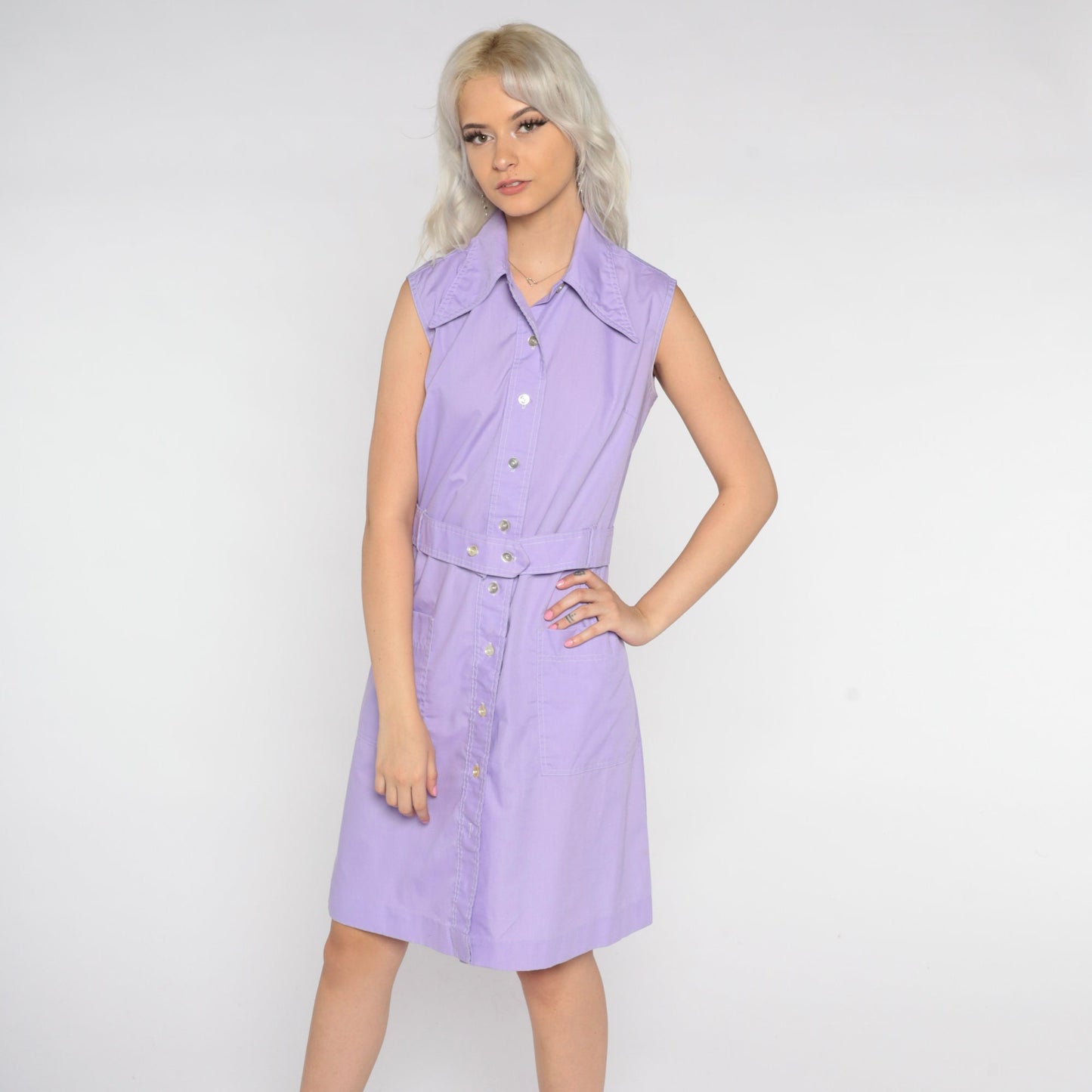 70s Lavender Button-Up Shirtdress Dagger Collar Sleeveless Mini Shift Medium