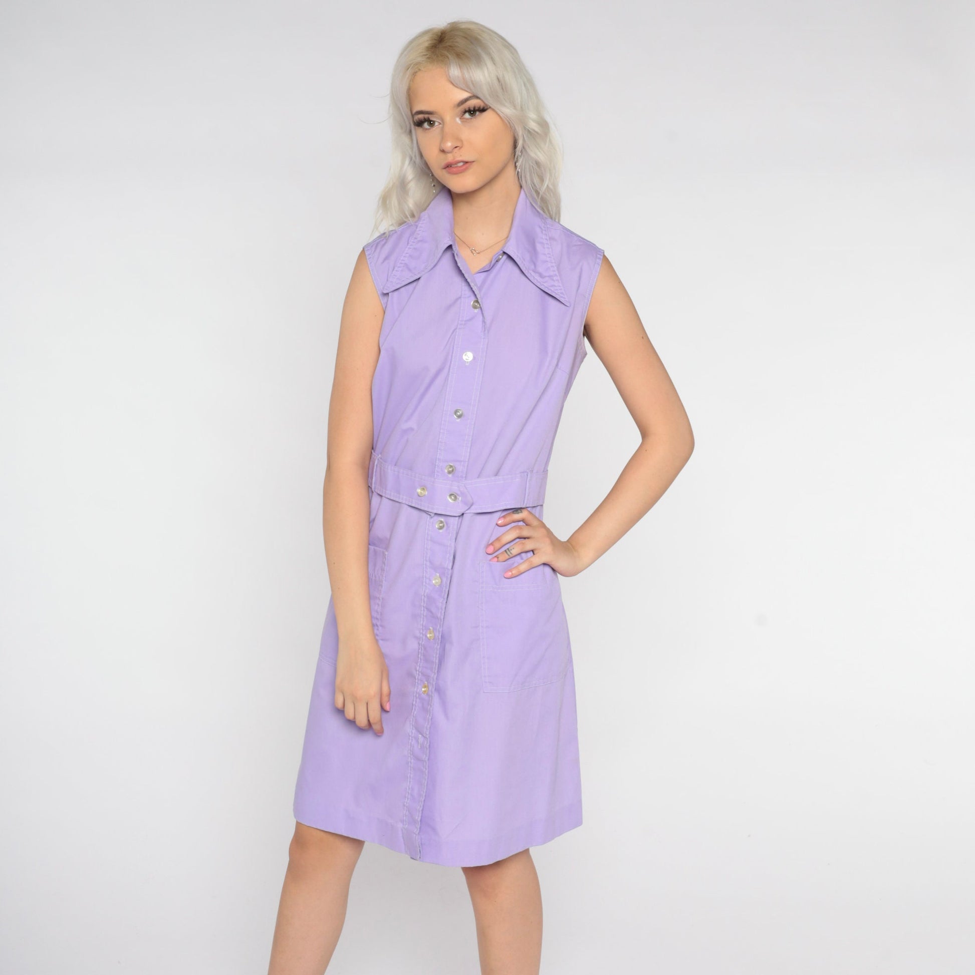 70s Lavender Button-Up Shirtdress Dagger Collar Sleeveless Mini Shift Medium