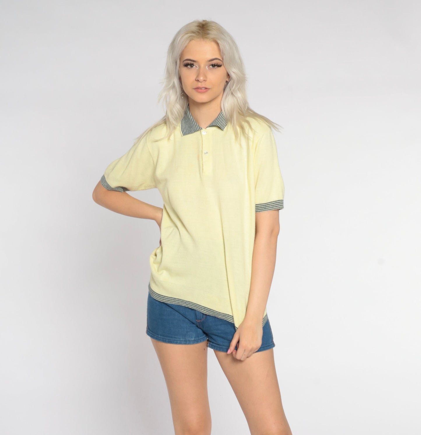 80s Yellow Knit Polo Shirt Striped Collar Ringer Trim Medium