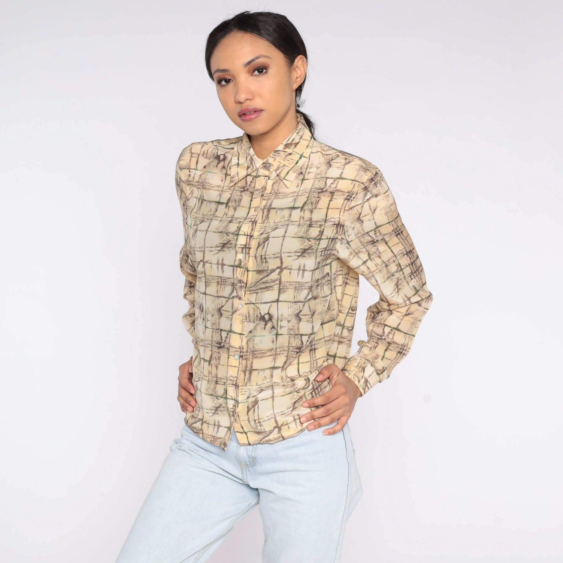 90s Silk Button Up Blouse Abstract Tile Print Cream Yellow Long Sleeve Small S