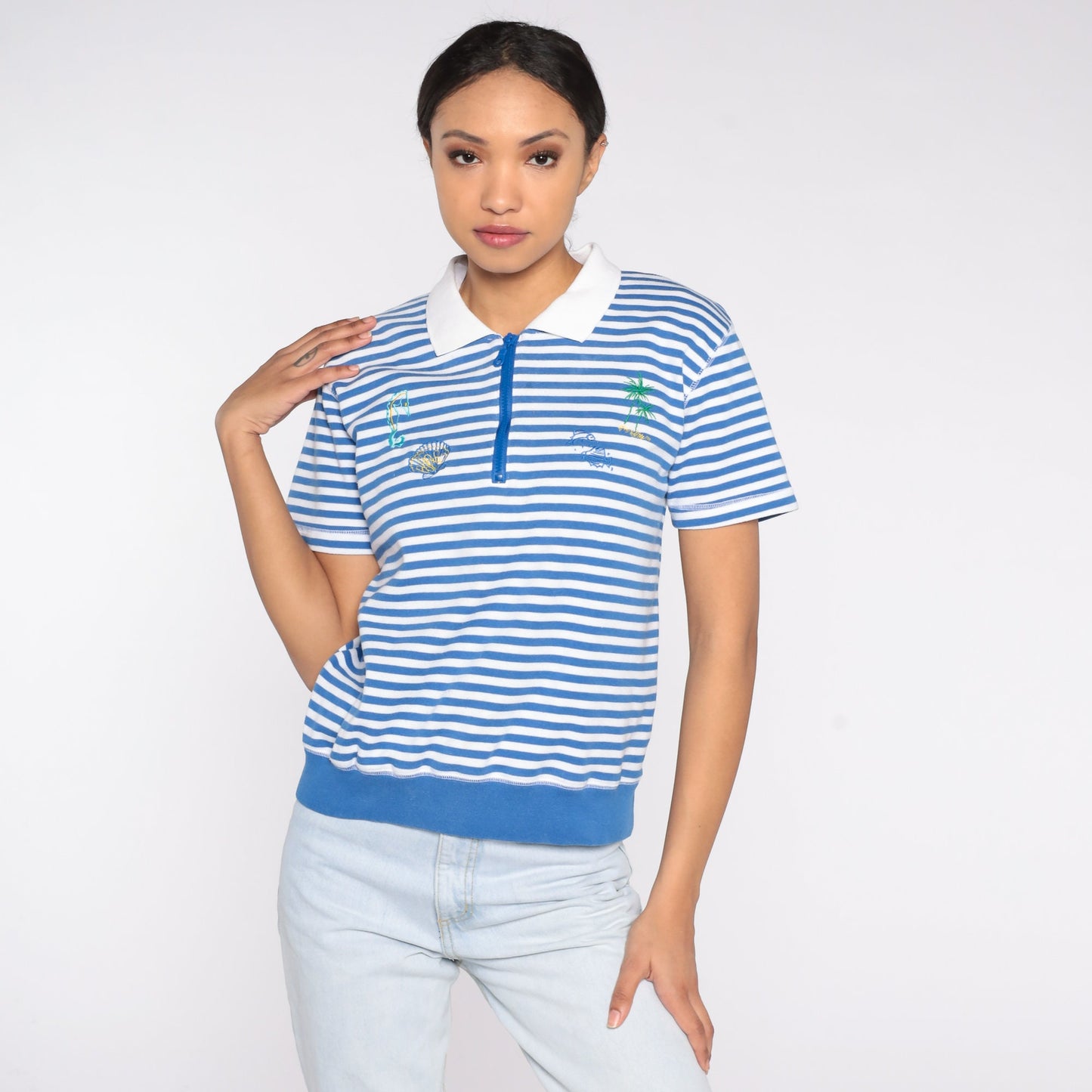 90s Blue White Striped Polo Shirt Embroidered Sea Creatures Palm Tree Small