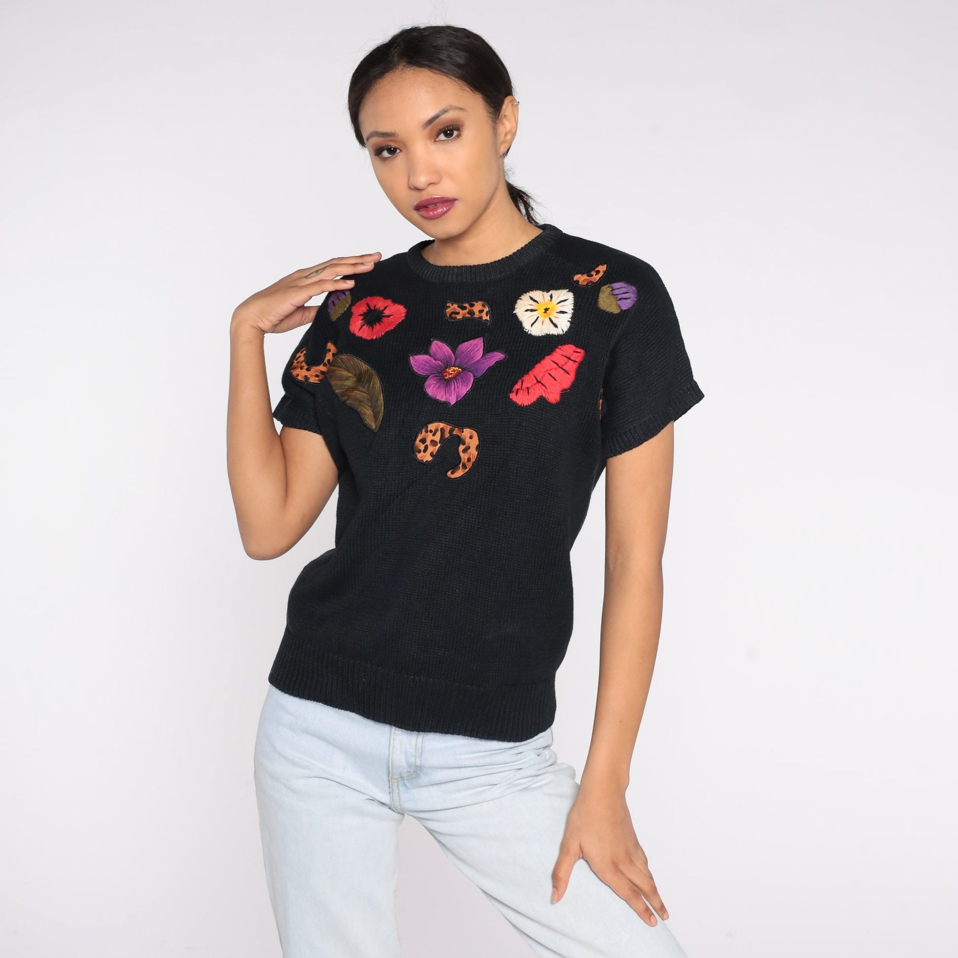 90s Black Knit Sweater Top Floral Embroidery Leopard Print Short Sleeve Medium M