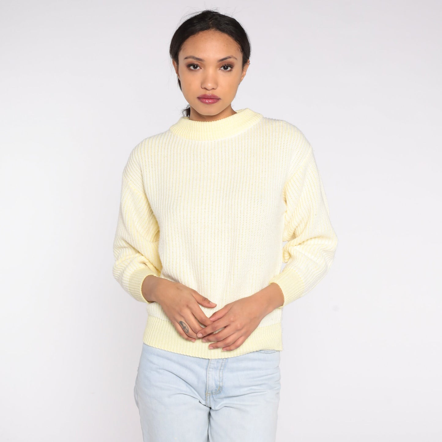 80s Yellow & White Knit Crewneck Sweater Pullover Small