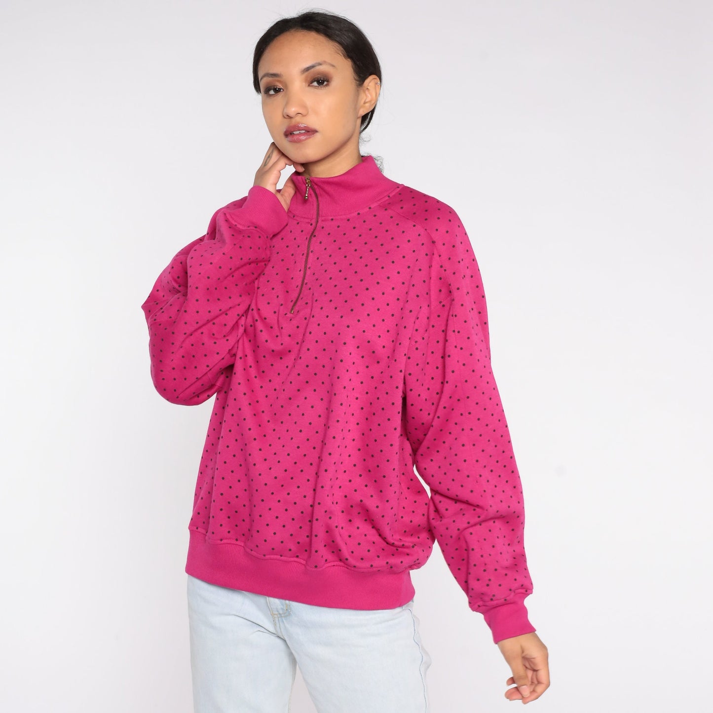 90s Pink Polka Dot Quarter Zip Sweatshirt Funnel Neck Pullover Large L