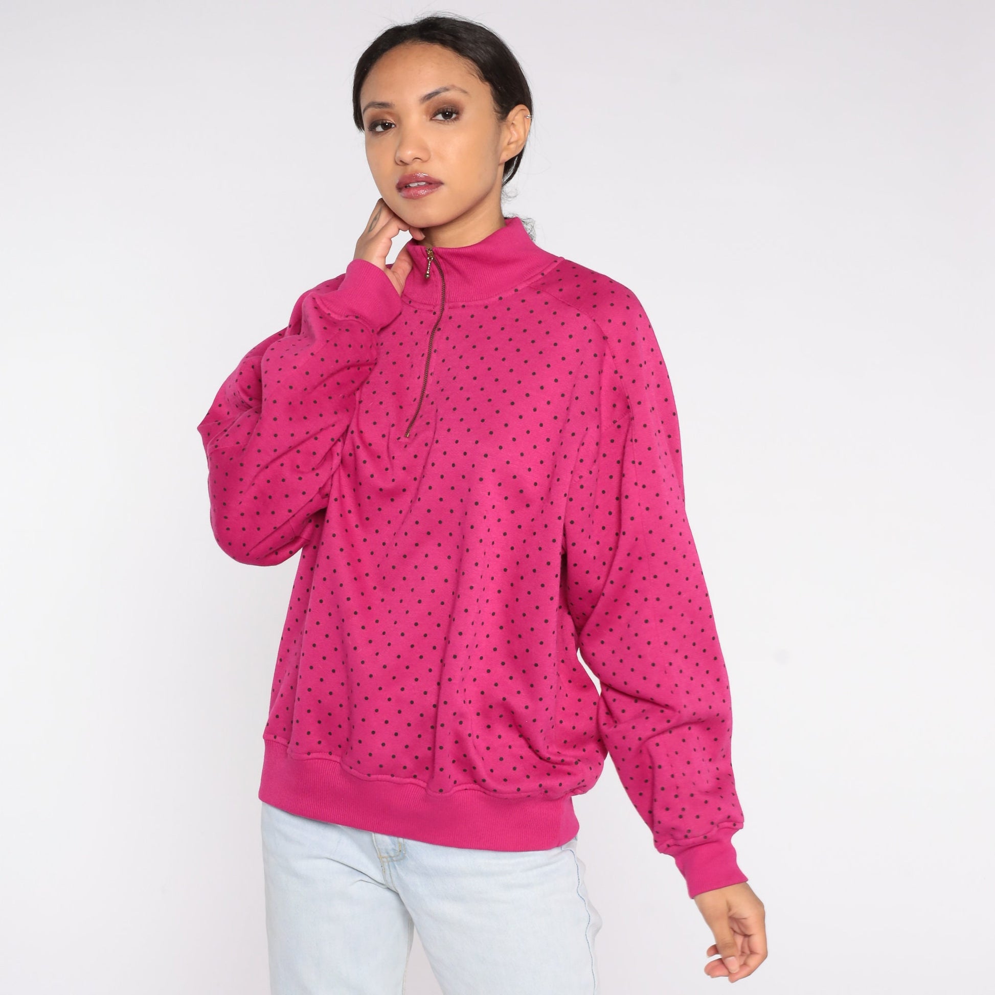 90s Pink Polka Dot Quarter Zip Sweatshirt Funnel Neck Pullover Large L