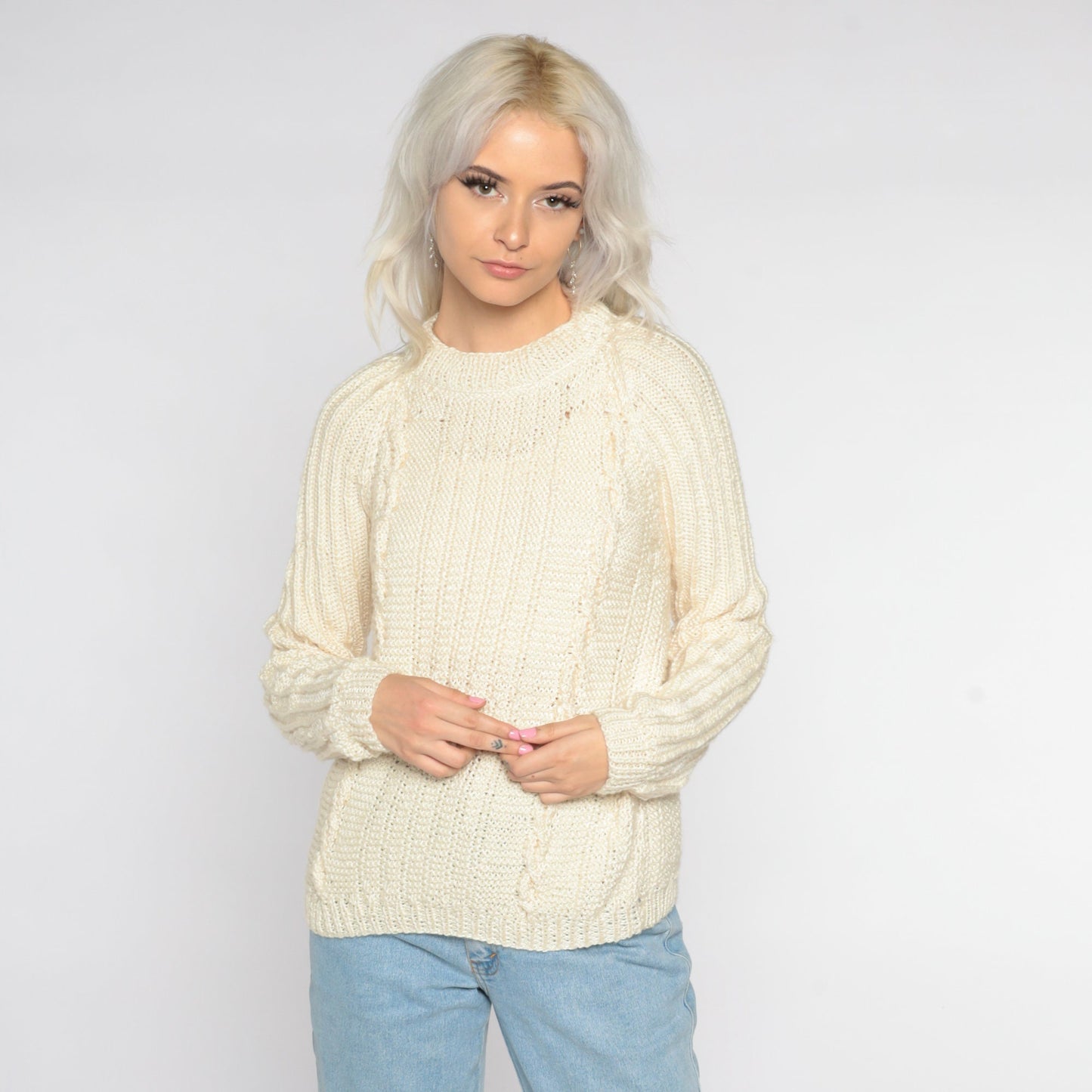 90s Cream Cable Knit Crewneck Pullover Sweater Small S